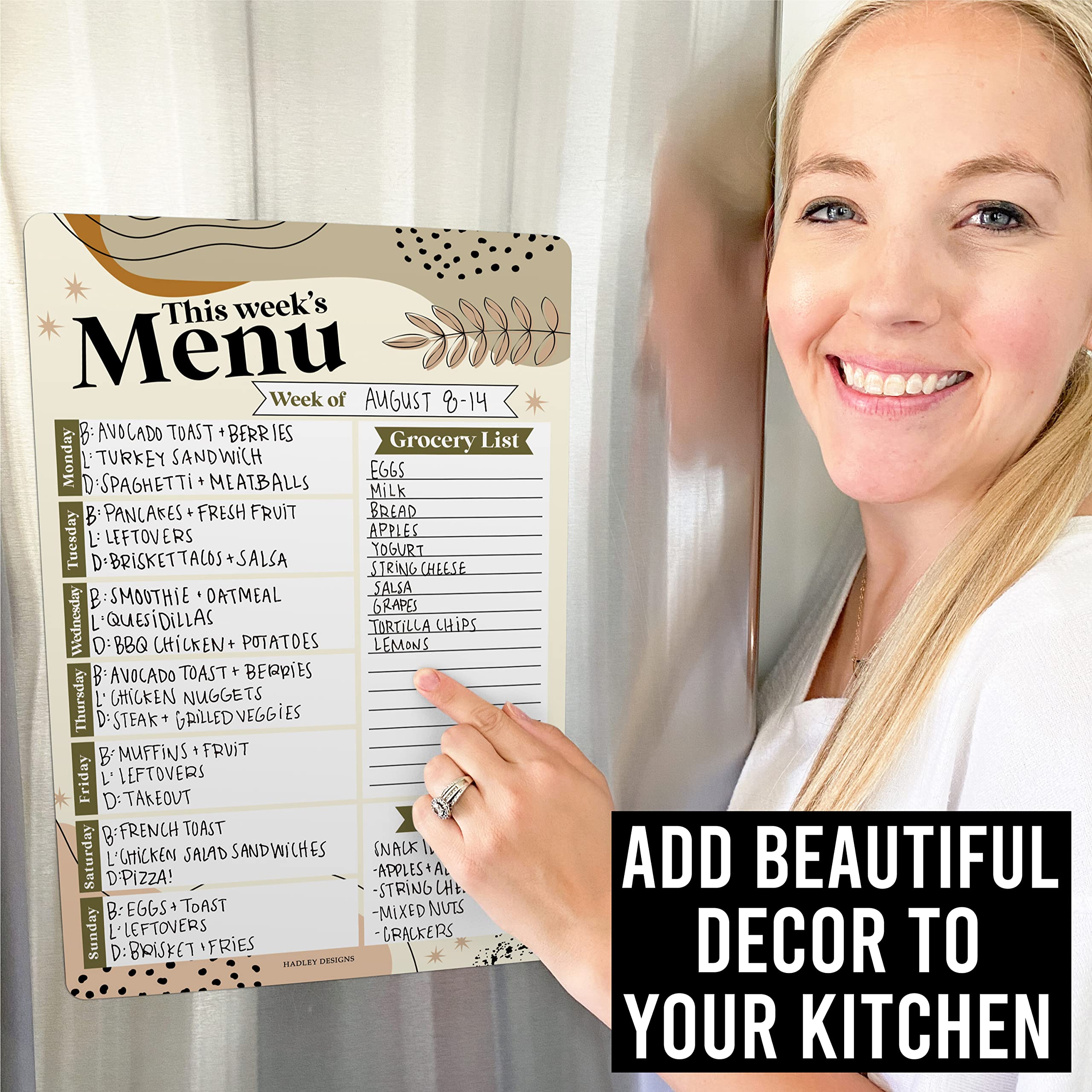 Hadley Designs Boho Magnetic Weekly Meal Planner Dry Erase Board for Refrigerator - Weekly Dinner Menu Board for Kitchen Conversion Chart Magnet, Grocery List Magnet