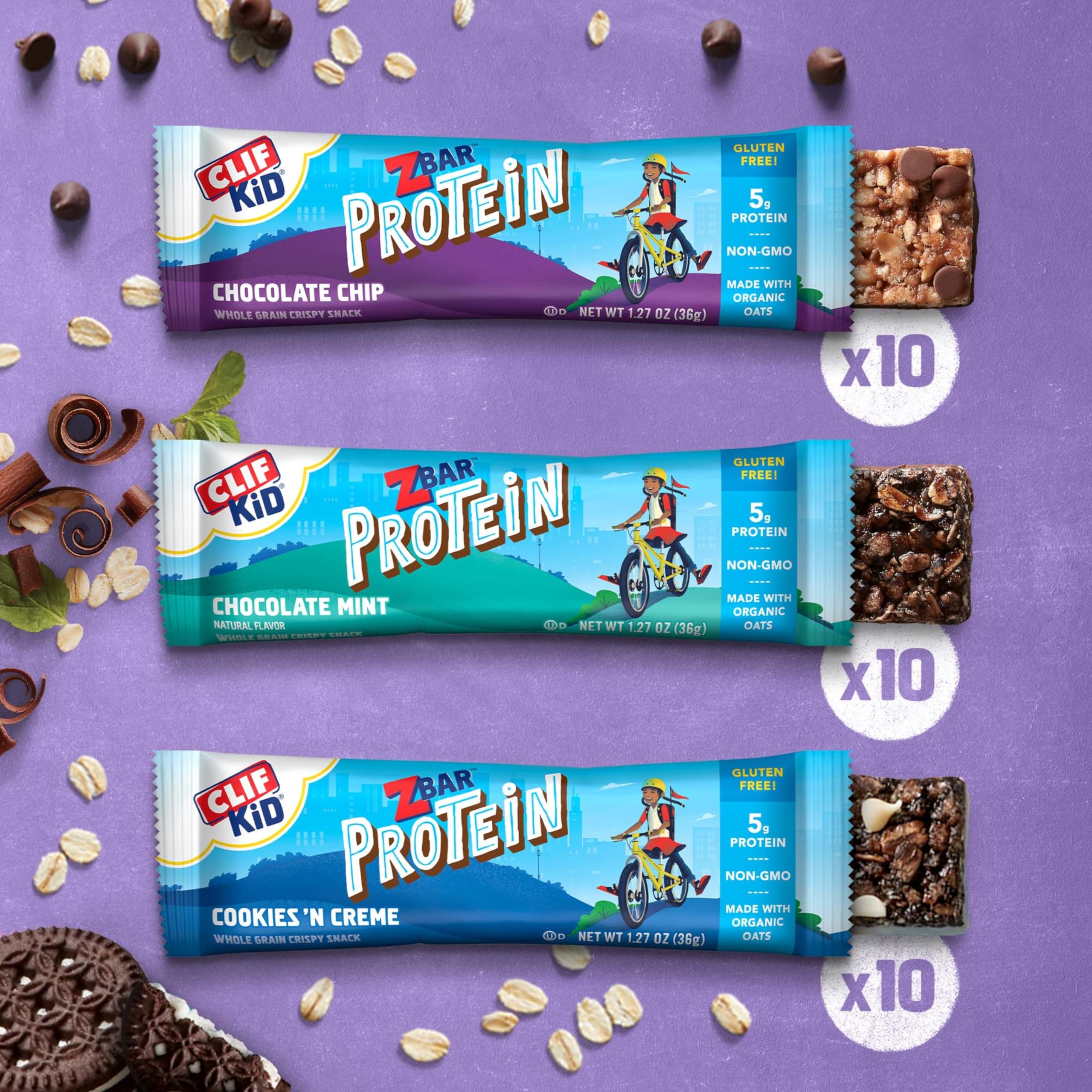 Zbar Protein - Chocolate Chip, Chocolate Mint, and Cookies 'n Creme - Variety Pack - Crispy Whole Grain Snack Bars - Made with Organic Oats - Non-GMO - 5g Protein - 1.27 oz. (30 Count)