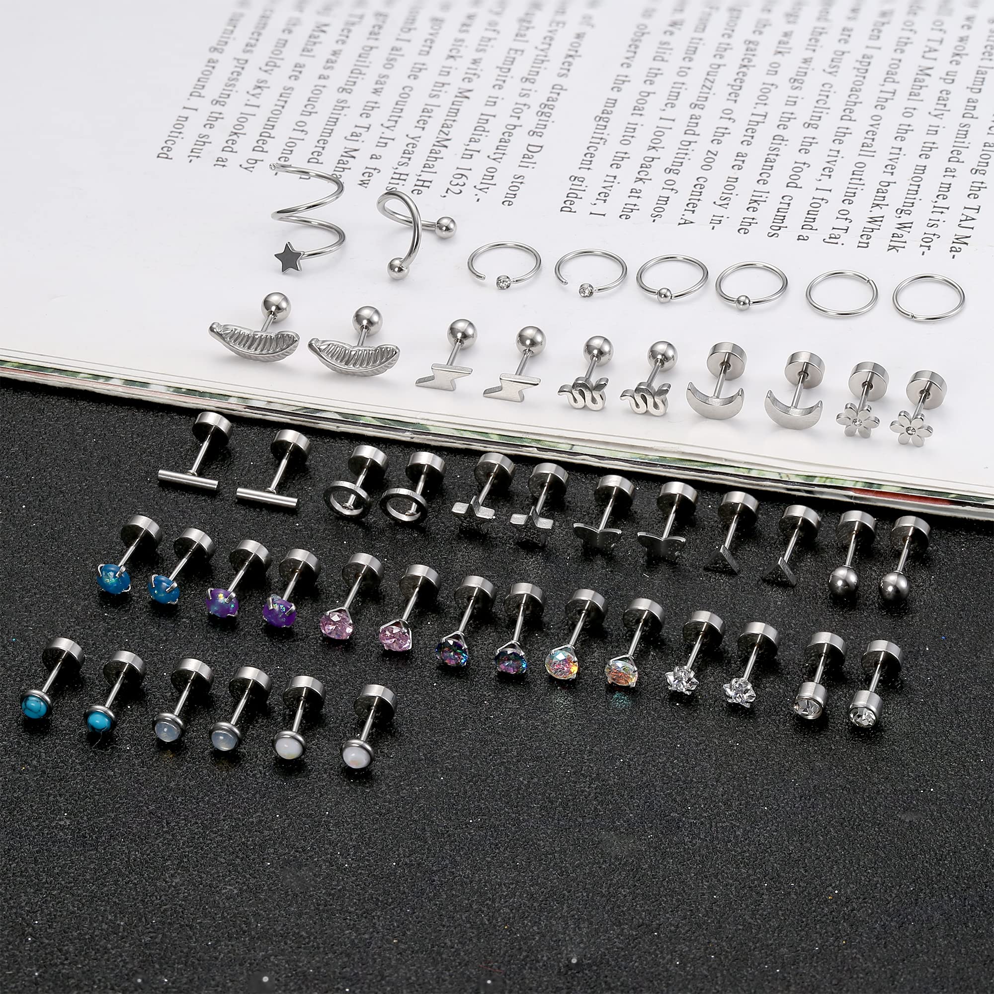 Dochais 25 Pairs Surgical Steel Stud Earrings for Women Multipack Cartilage Earring Opal Moonstone Turquoise Butterfly Flower Star Flat Back Earrings Silver