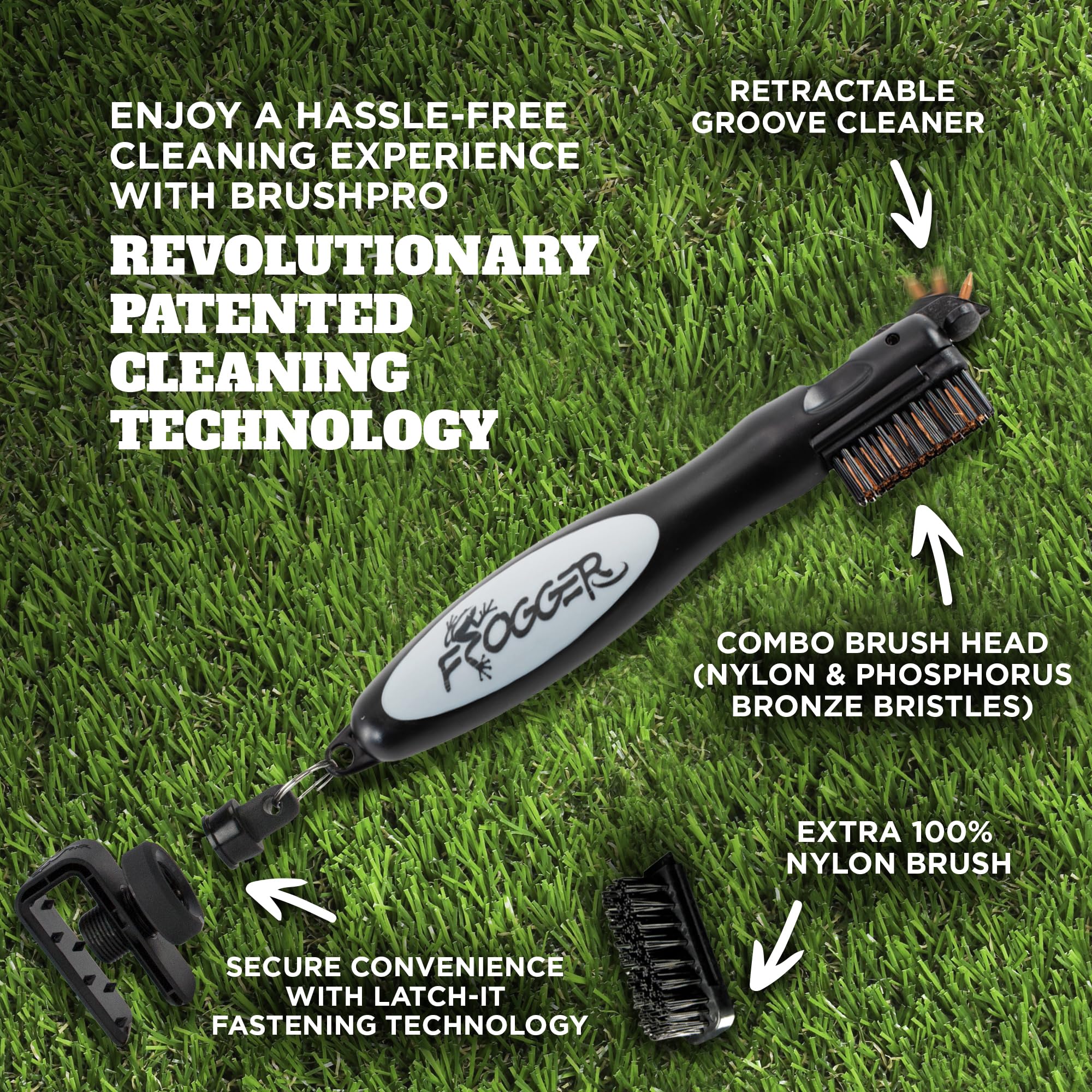 Frogger BrushPro Latch-It Golf Club Cleaner, Ergonomic Grip and Latch-it Magnet, Gray - Professional Golf Club Brush and Groove Cleaner for Golfers