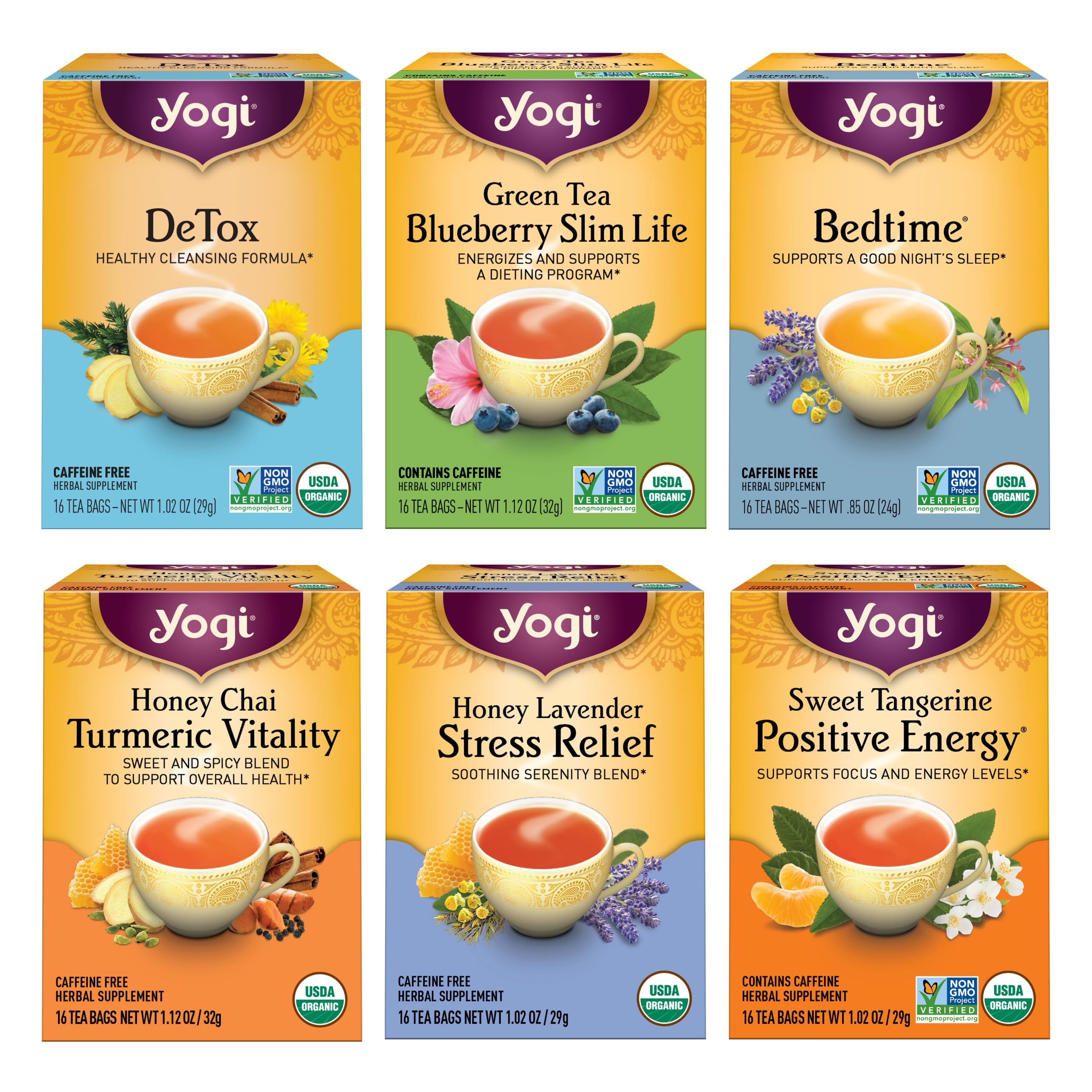 Yogi Tea Favorites Tea Variety Pack - 16 Tea Bags per Pack (6 Packs) - Organic Tea Gift Box - Includes Sweet Tangerine Positive Energy Tea, Honey Lavender Stress Relief Tea, Bedtime Tea & More