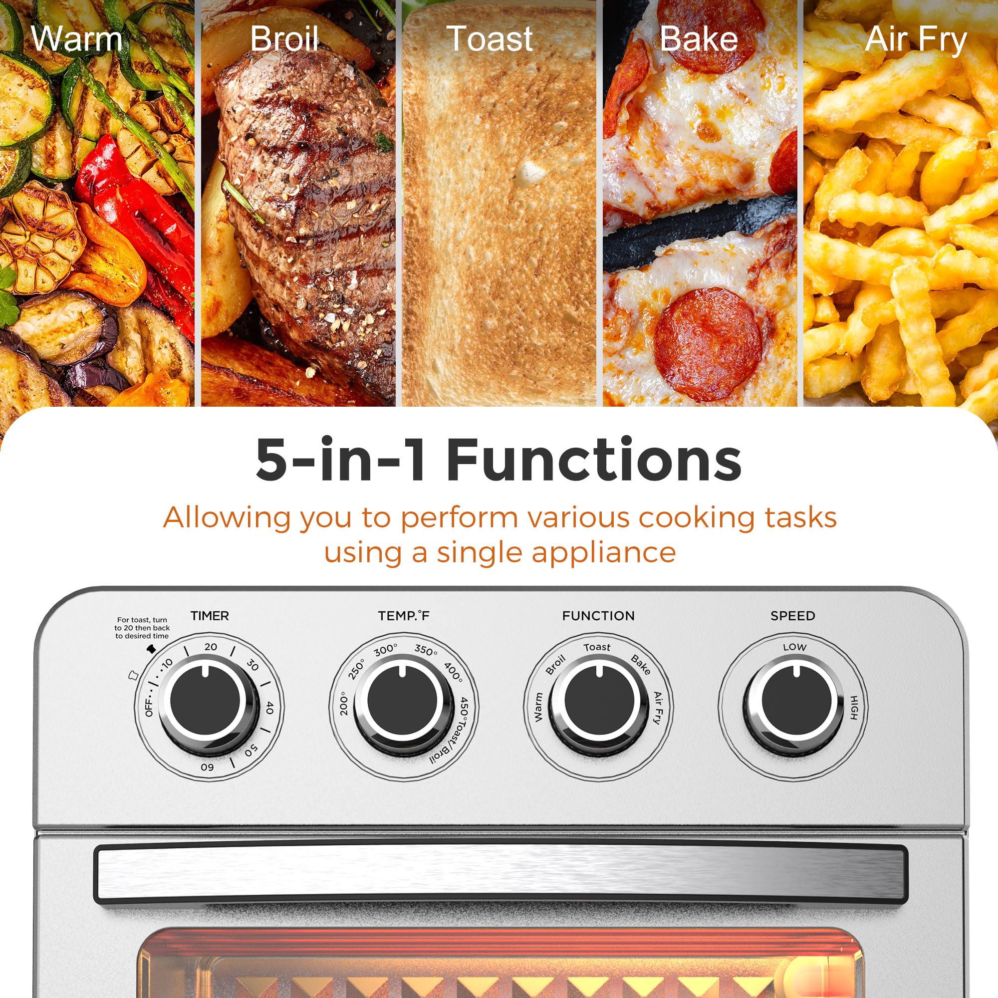 KitchenBoss Air Fryer Toaster Oven: 24.3QT/23L Airfryer with Warm, Broil, Toast, Bake, Air Fry 5-in-1 Functions, Knob Control 1700W Toaster Oven Countertop with 4 Accessories, Stainless Steel