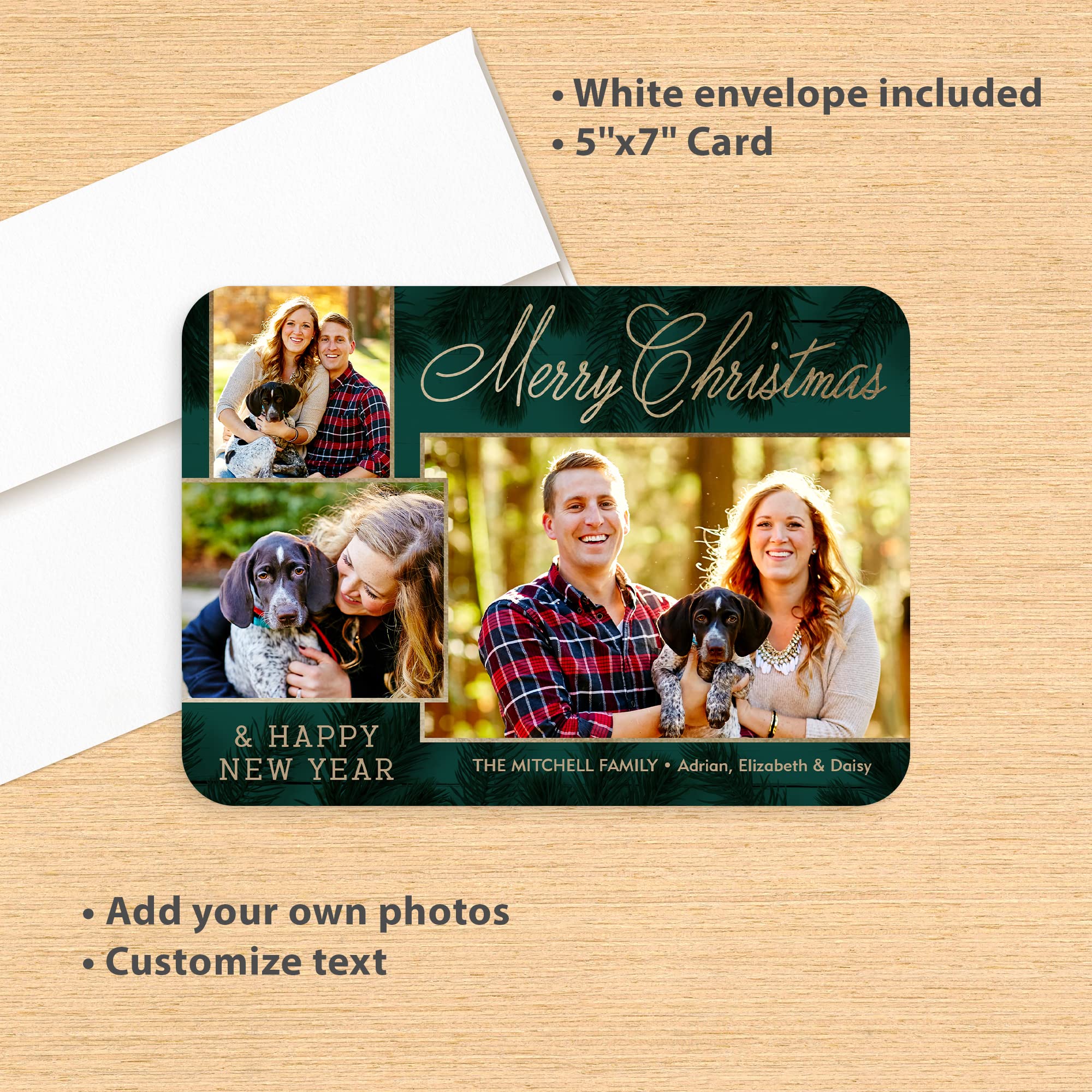 Let's Make Memories Personalized Photo Christmas Cards with Envelopes - Premium Quality - 5x7-2024 Holiday Cards & White Envelopes - Gilded Pine Trio - 15 ct