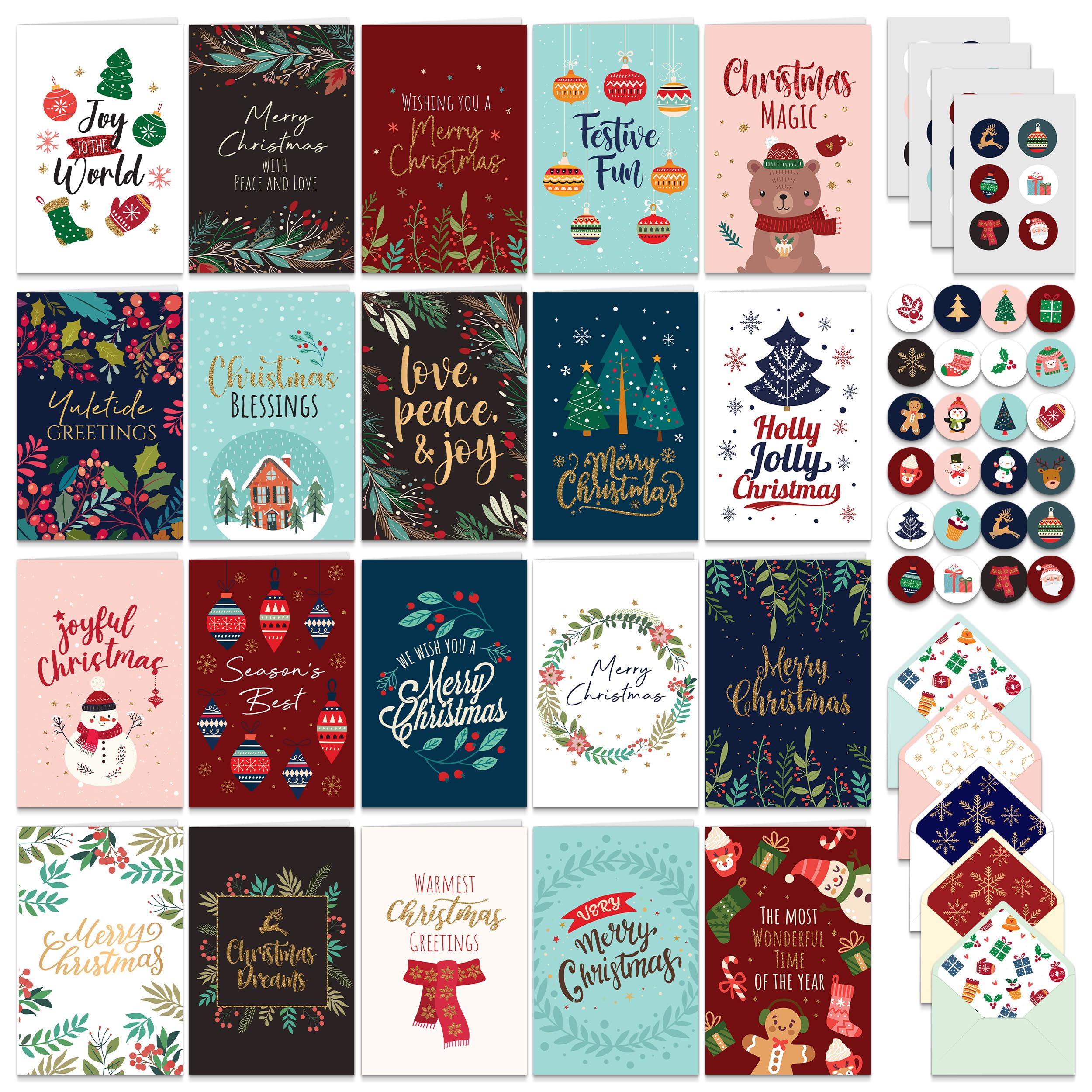 Decorably 100 Pack Foiled & Glittery Assorted Christmas Cards with Envelopes & Stickers, 20 Designs Printed Message Inside Holiday Cards Bulk with Envelopes, 4x6in Bulk Christmas Cards with Envelopes