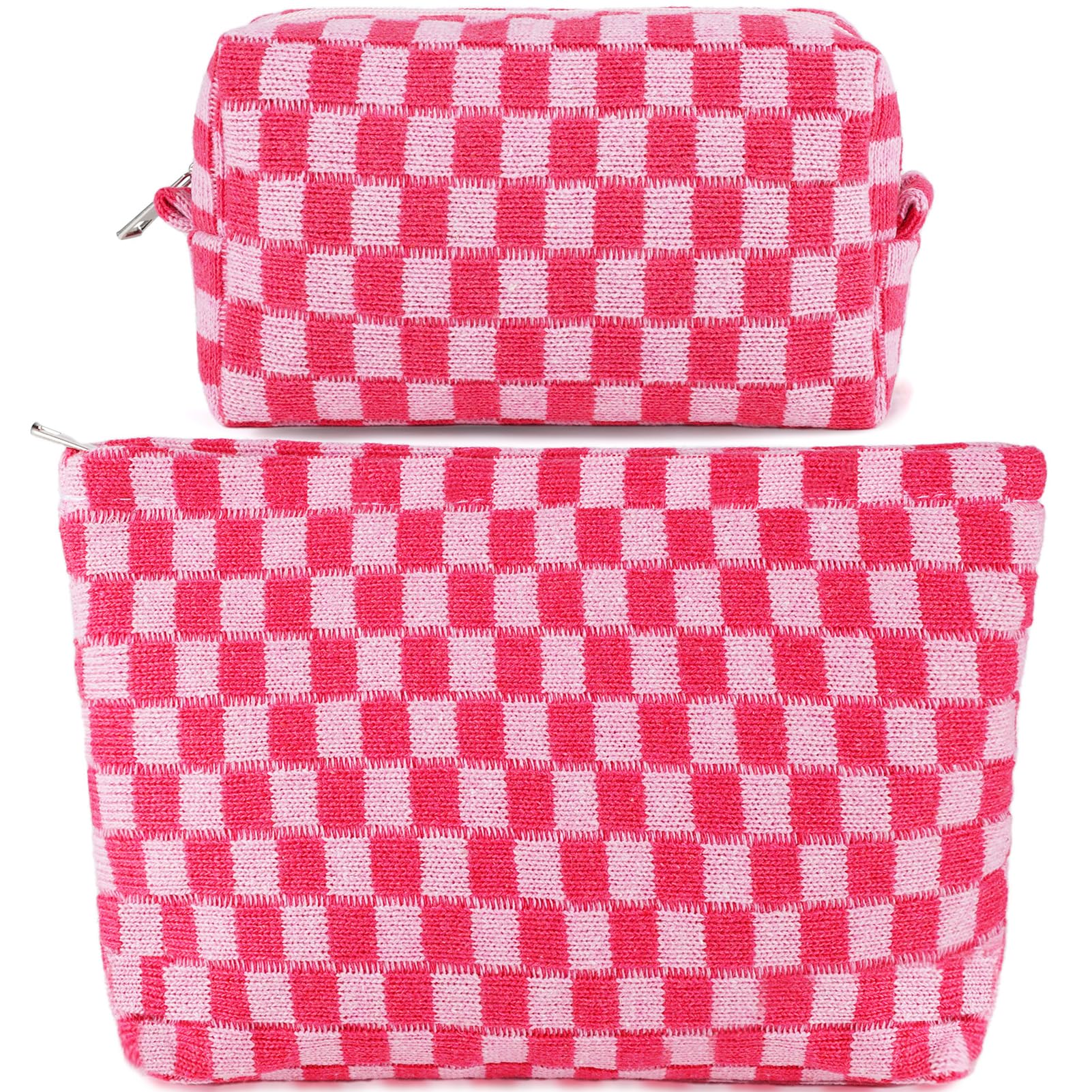 ZLFSRQ 2Pcs Checkered Makeup Bag for Women Large Cosmetic Bag Set Travel Toiletry Bag Makeup Pouch Bag for Purse Pink Zipper Storage Bag Organizer Cute Small Aesthetic Girls Car Essentials Bag