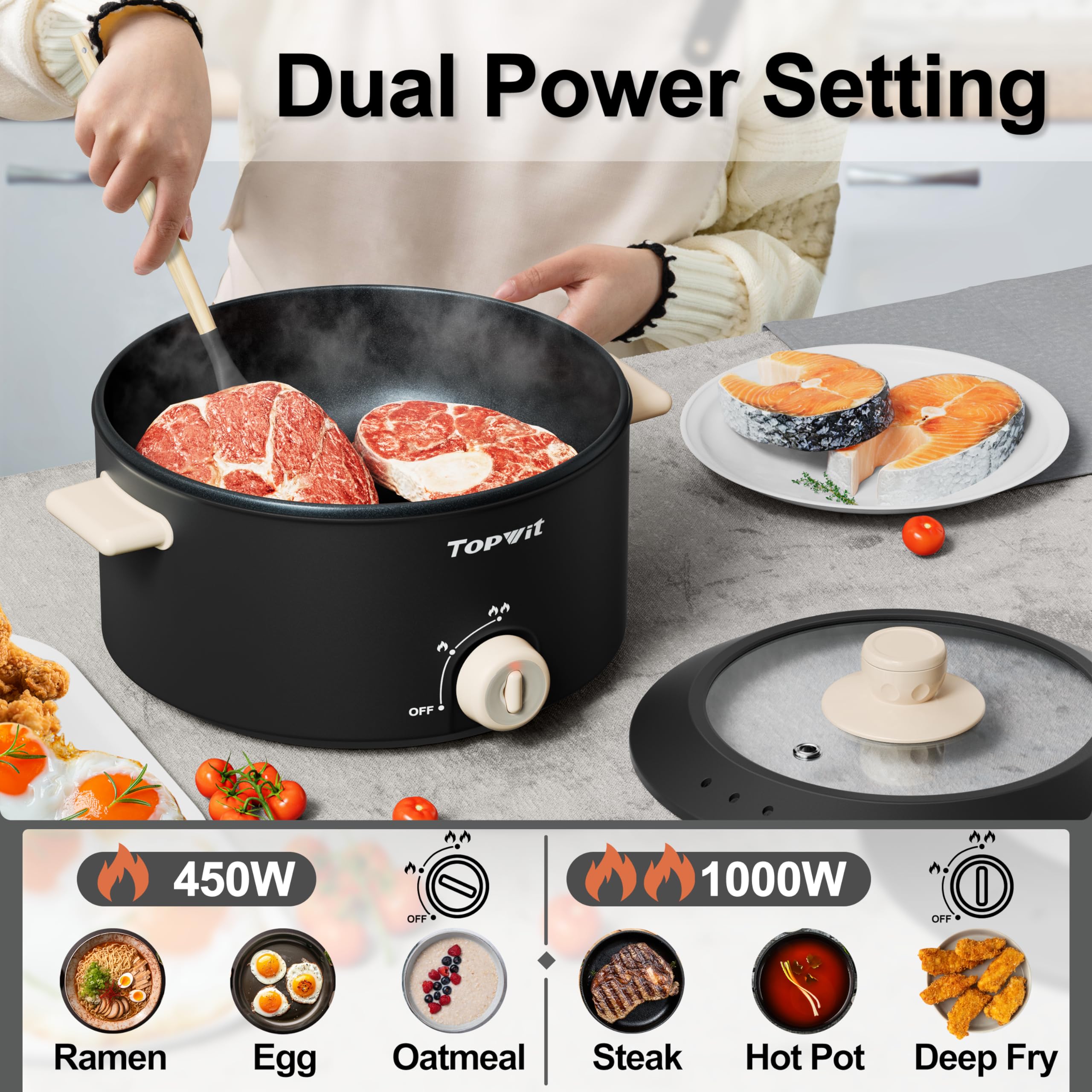 TOPWIT Hot Pot Electric, 4L Electric Pot with Non-Stick Coating, Dual Power Electric Cooker for Deep Frying, Steak, Pasta, Multi-Functional Large Capaity Shabu Shabu Pot for Party, Gathering, Black