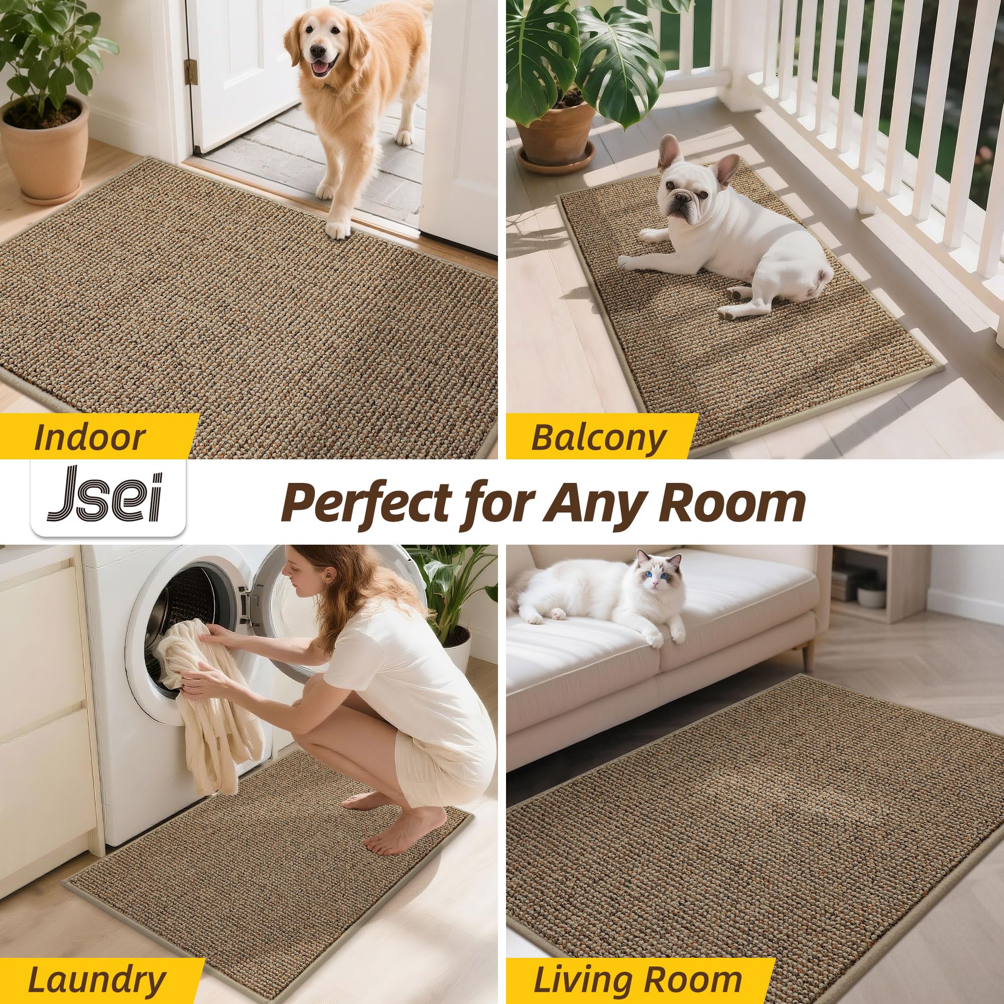JSEI Dirt Trapper Door Mat 24"x36" Non-Slip Washable Entrance Mat, Dog Doormats, Absorbent & Fade-Resistant Floor Mats, Low Profile Welcome Mats for Entryway, Front Door, and Inside Entrance, Beige