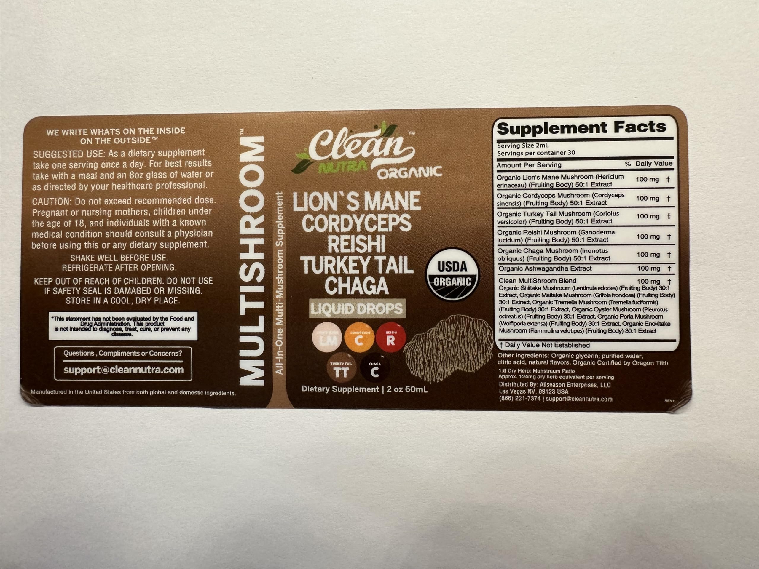 Organic Lions Mane Mushroom Supplement Liquid Drops + Turkey Tail Cordyceps Reishi Chaga Shitake Maitake Tremella Oyster Mushrooms Poria and Enokitake Complex Blend by Clean Nutra