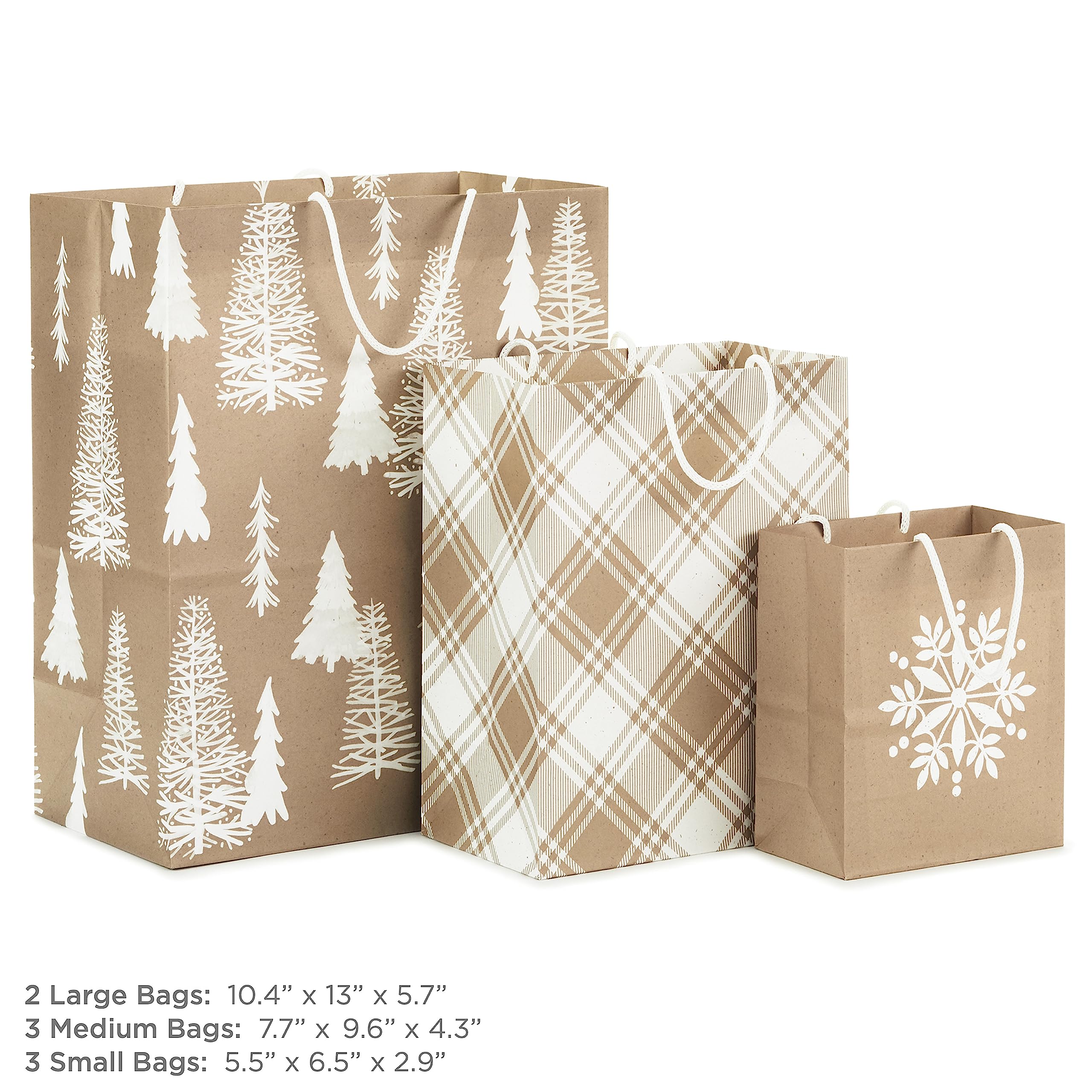 Hallmark Assorted Christmas Gift Bags, Recyclable Kraft Brown with Snowflake, Plaid and Trees (8 Bags: 3 Small 6", 3 Medium 9", 2 Large 13") for Holiday Parties, Hanukkah, Winter Weddings