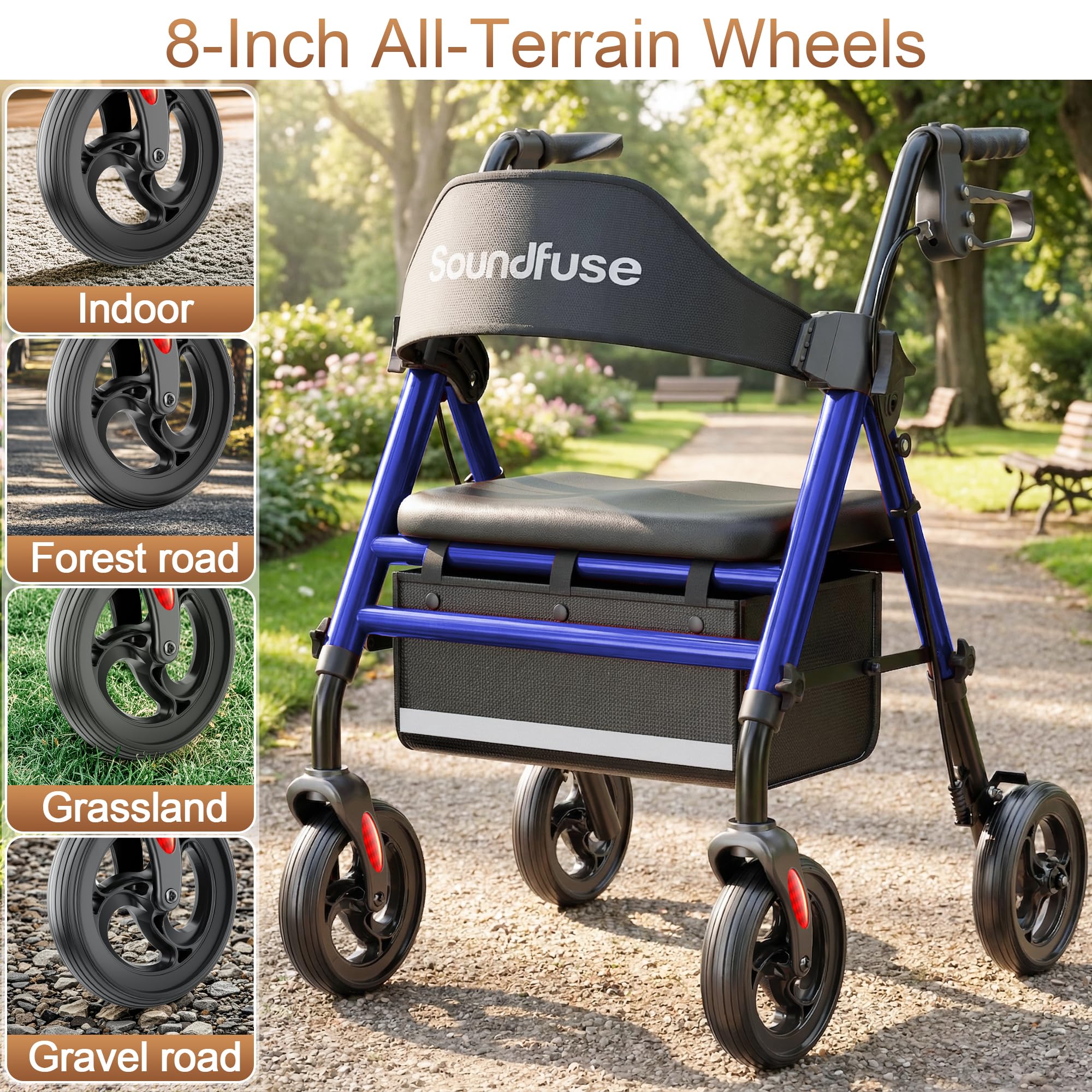 SOUNDFUSE Walkers for Seniors with seat, Foldable Rollator Walker with Double Support Bar, 16" Extra Wide Ergonomic Arc Seat, 8" All Terrain Wheels, 350lb, Dual Height Adjustable, and Storage Bag