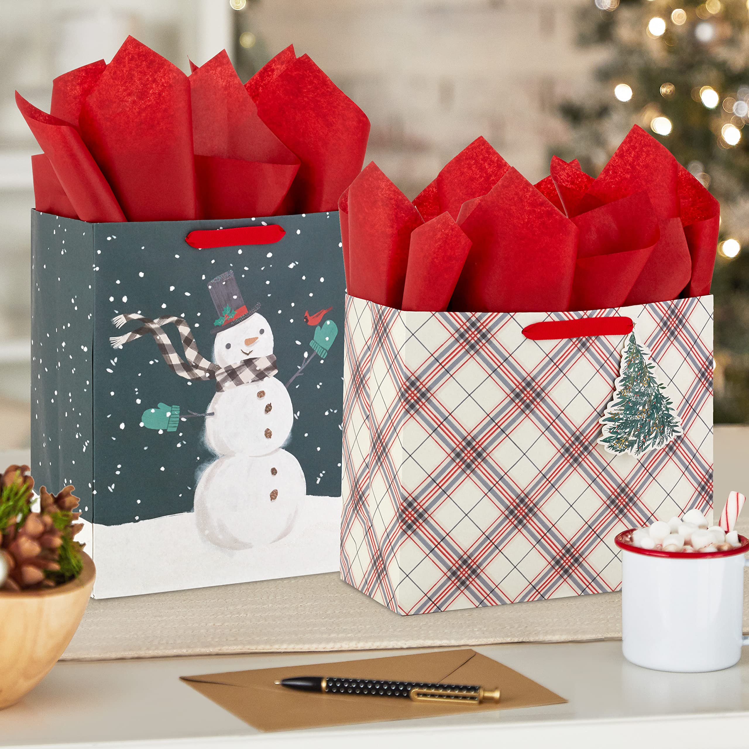 Hallmark Christmas Gift Bag Assortment with Tissue Paper (3 Bags: 2 Large 13", 1 Large Horizontal 10") Santa with Sleigh, Red and Green Plaid, Snowman on Black