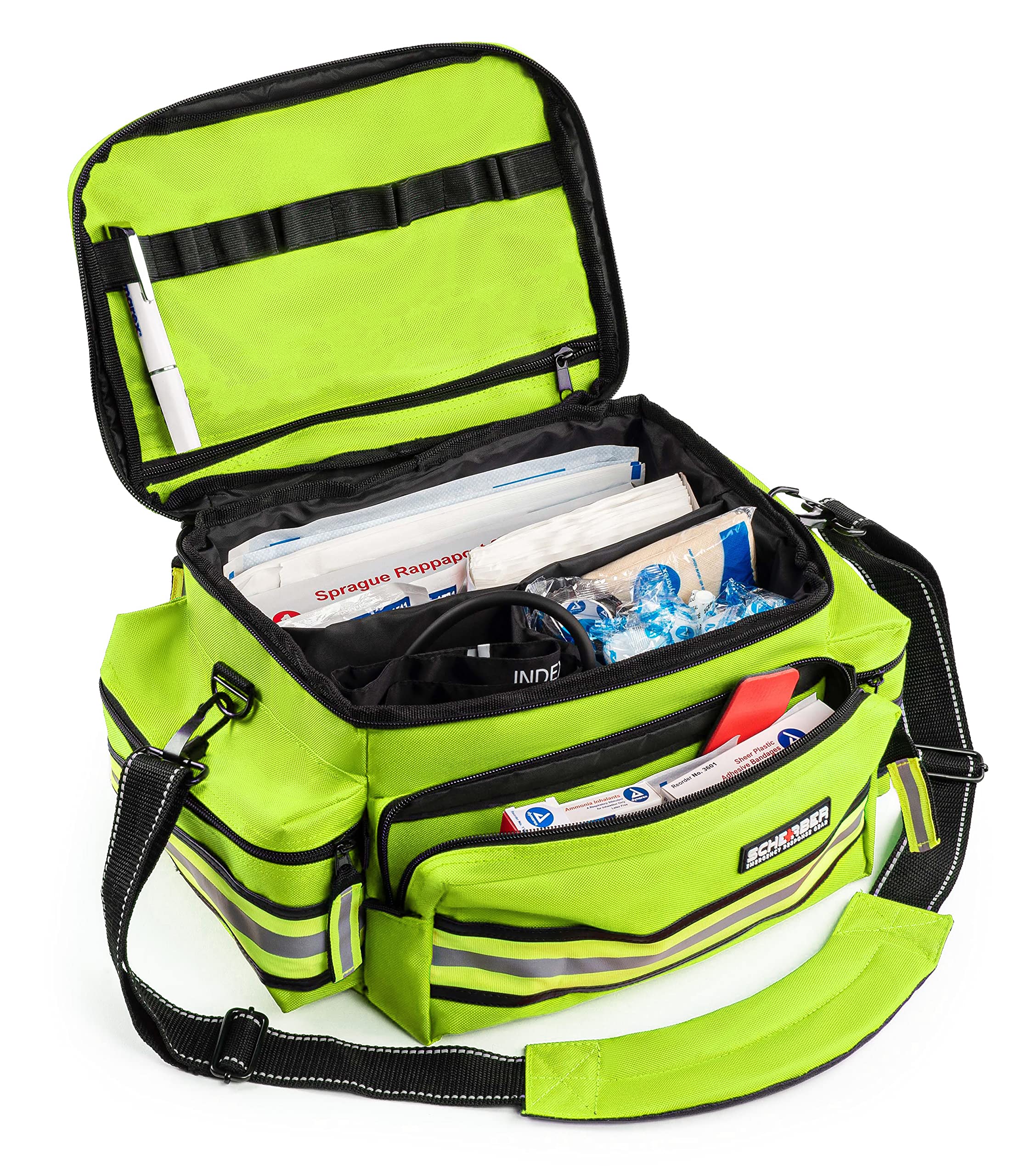 Scherber First Responder Fully-Stocked Professional Essentials EMT/EMS Trauma Kit | HSA/FSA Approved | Reflective Bag w/8 Zippered Pockets & Compartments & 200+ First Aid Supplies - Yellow