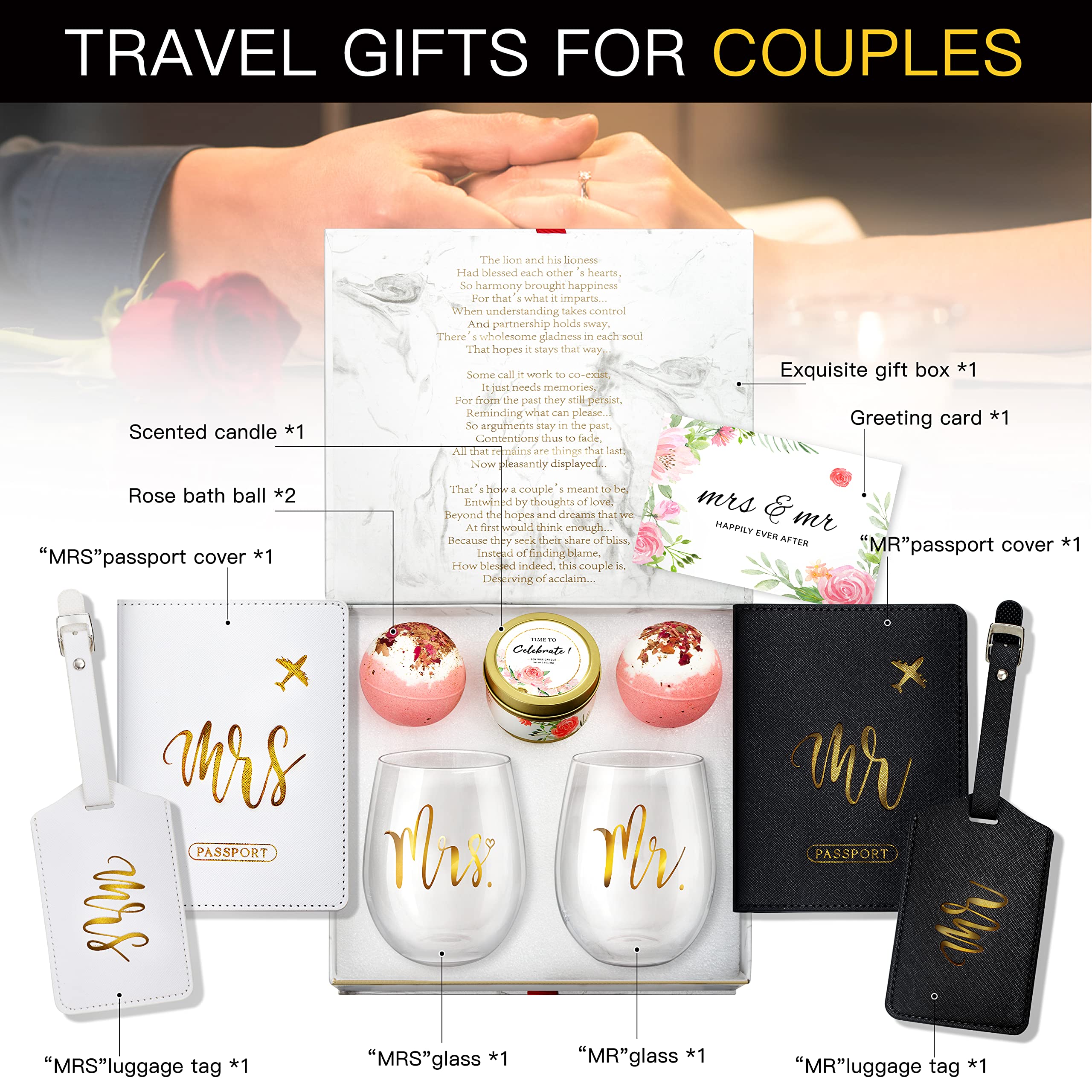 Yorktend Wedding Gifts Engagement Gifts for Couples Valentine's Day Gifts for Her Him Bride and Groom Newlywed Mr and Mrs, Bride To Be Gifts Honeymoon Essentials, Anniversary, Just Married, Travel