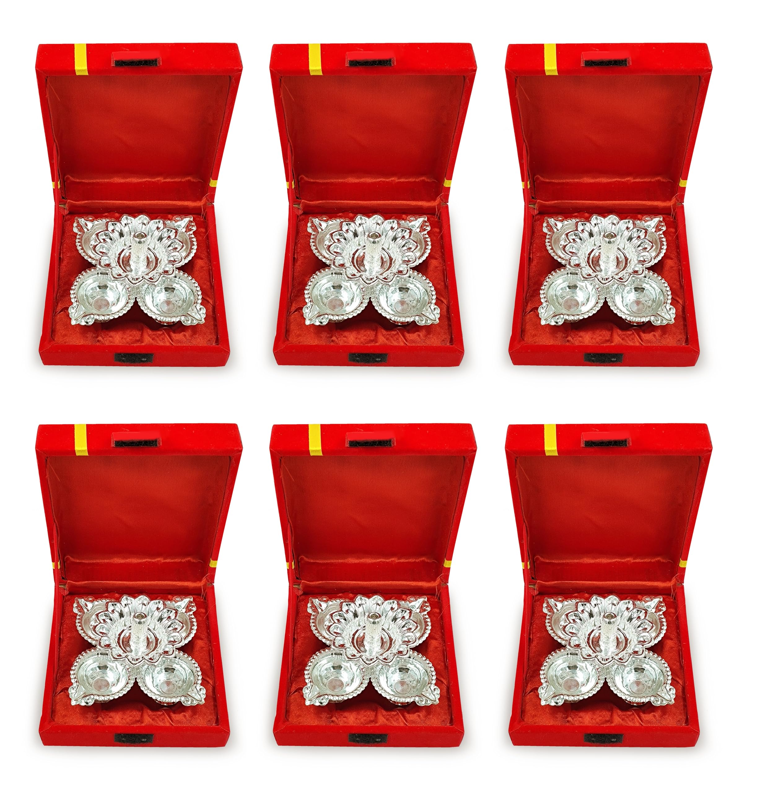 NOBILITY Silver Plated Diya with Red Velvet Gift Box Panchmukhi Dia Pooja Items Diwali Decoration Puja Gifts Handmade Oil Lamp Traditional Indian Deepawali Gift Items 6 Sets