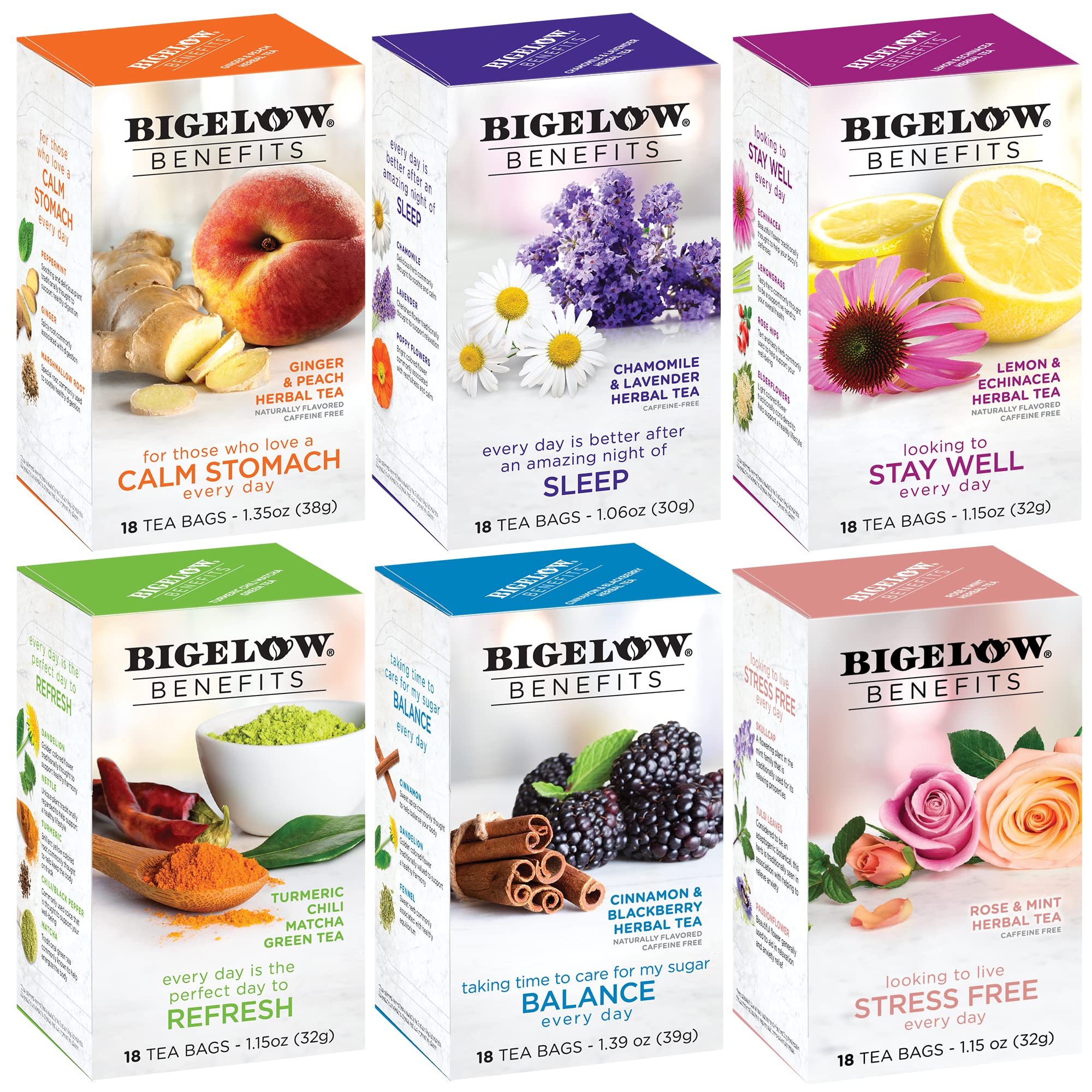 Bigelow Benefits Wellness Teas Variety Pack, Mixed Caffeinated Green Matcha & Caffeine-Free Herbal Tea, 18 Count (Pack of 6), 108 Total Tea Bags (Packaging May Vary)