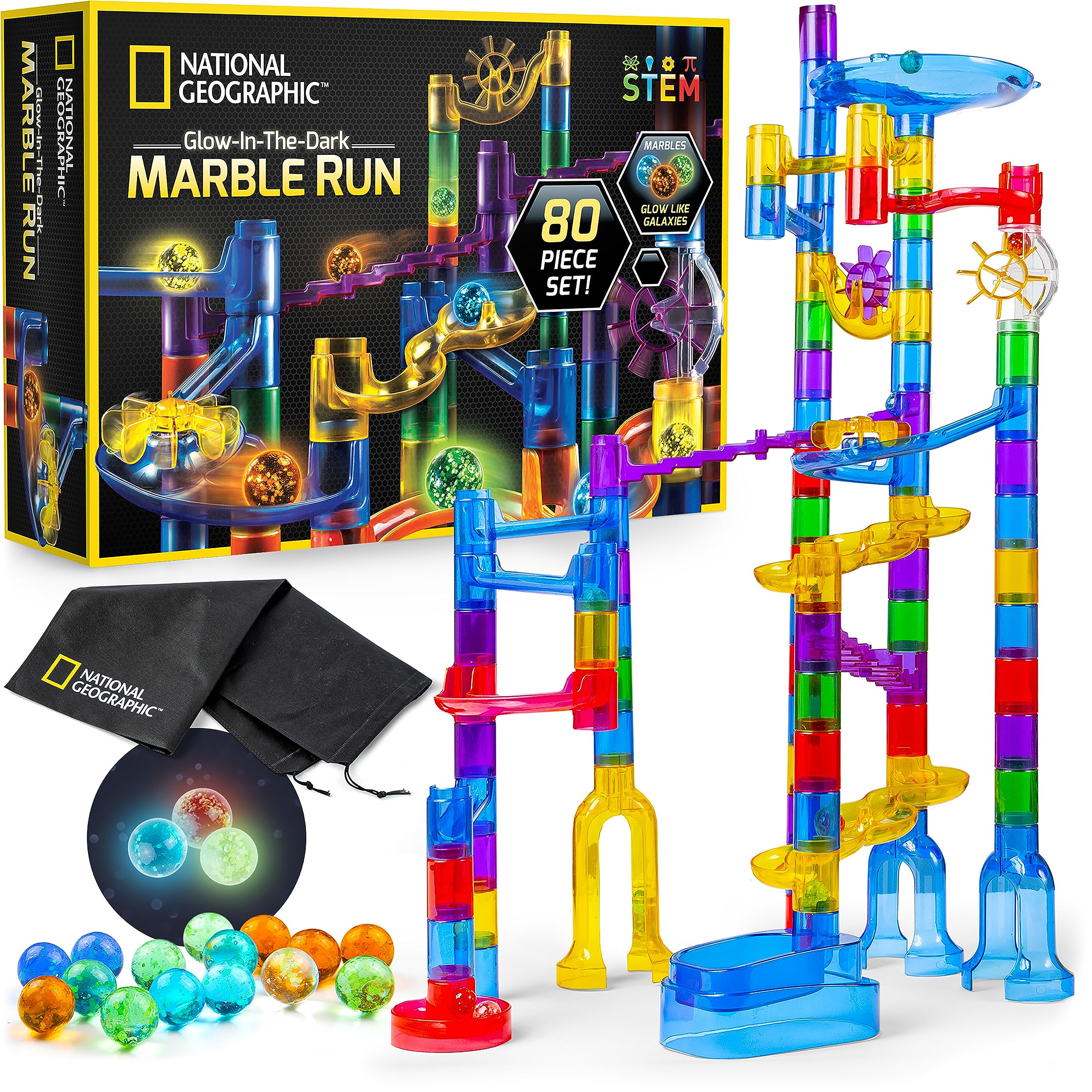 NATIONAL GEOGRAPHIC Glowing Marble Run – Construction Set with 15 Glow in The Dark Glass Marbles & Storage Bag, STEM Gifts for Boys and Girls, Building Project Toy (Amazon Exclusive)