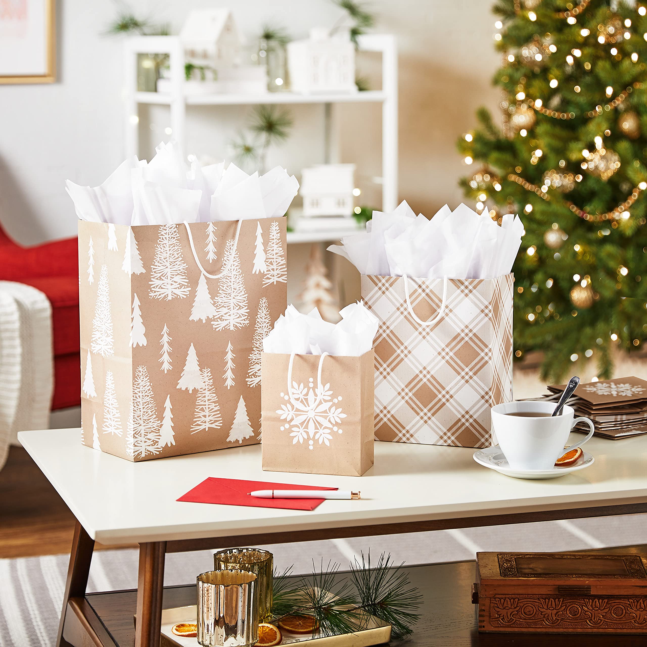 Hallmark Assorted Christmas Gift Bags, Recyclable Kraft Brown with Snowflake, Plaid and Trees (8 Bags: 3 Small 6", 3 Medium 9", 2 Large 13") for Holiday Parties, Hanukkah, Winter Weddings