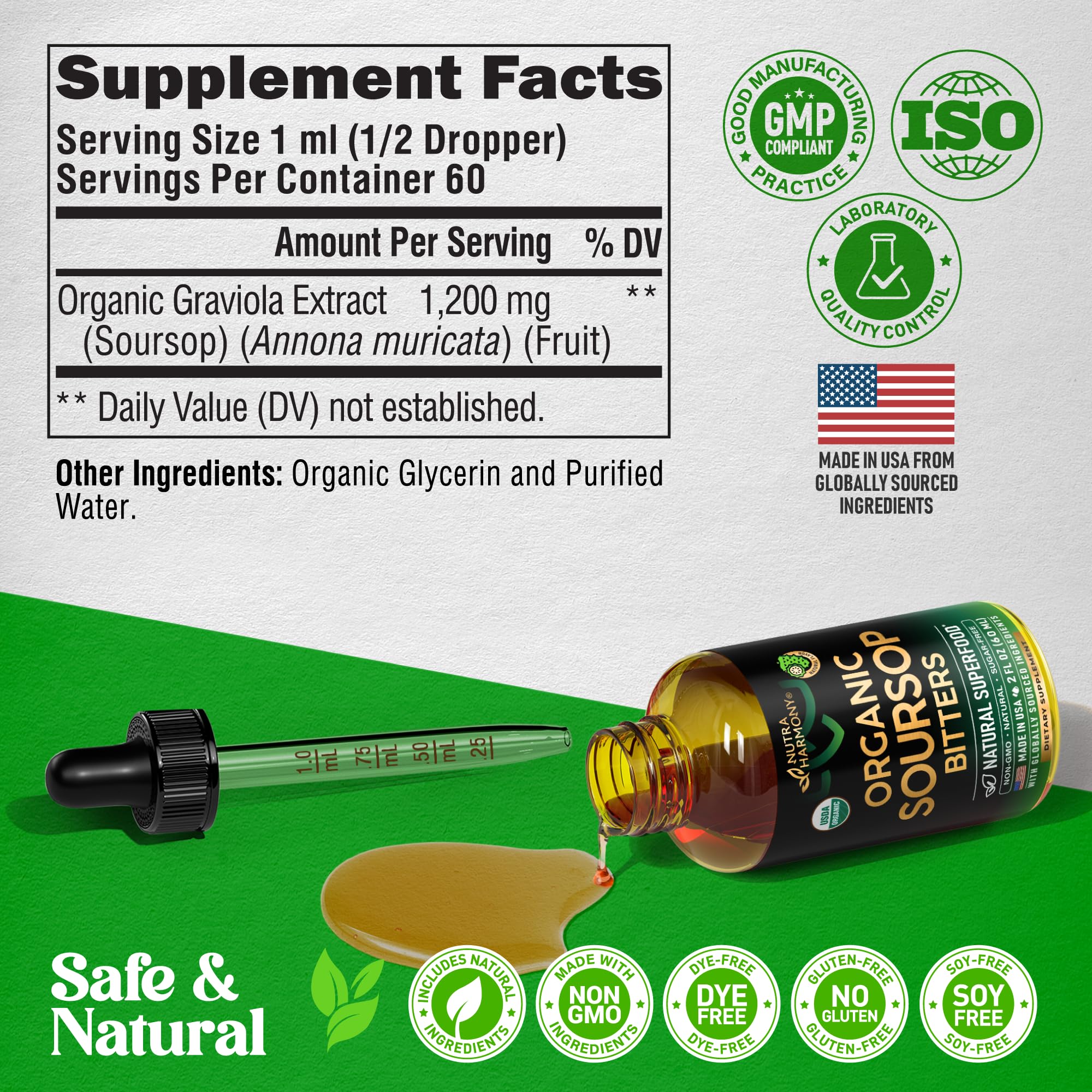 USDA Organic Soursop - Soursop Bitters Liquid - Graviola Fruit Extract - Antioxidant for Digestion & Detox | Energy Boost & Immune Support - Sugar & Alcohol-Free, Natural Taste - Made in USA - 2 Fl Oz