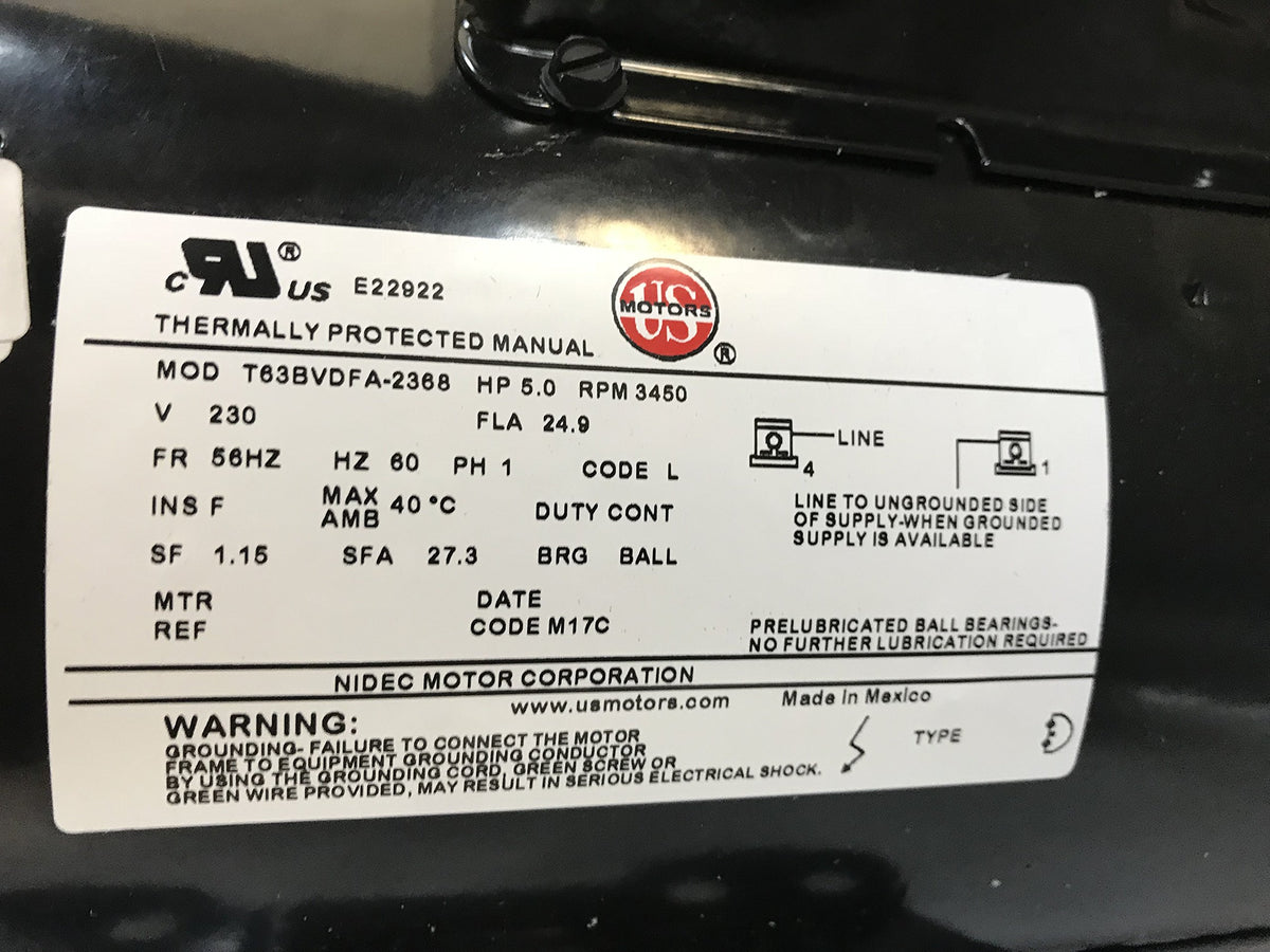 56283138 23378805 IR Replacement Air Compressor Motor, Single Phase, 184T Frame, Open Drip Proof Enclosure, 5Hp Output, 3450rpm, 60Hz, 208-230V Voltage, 24.9 Amps