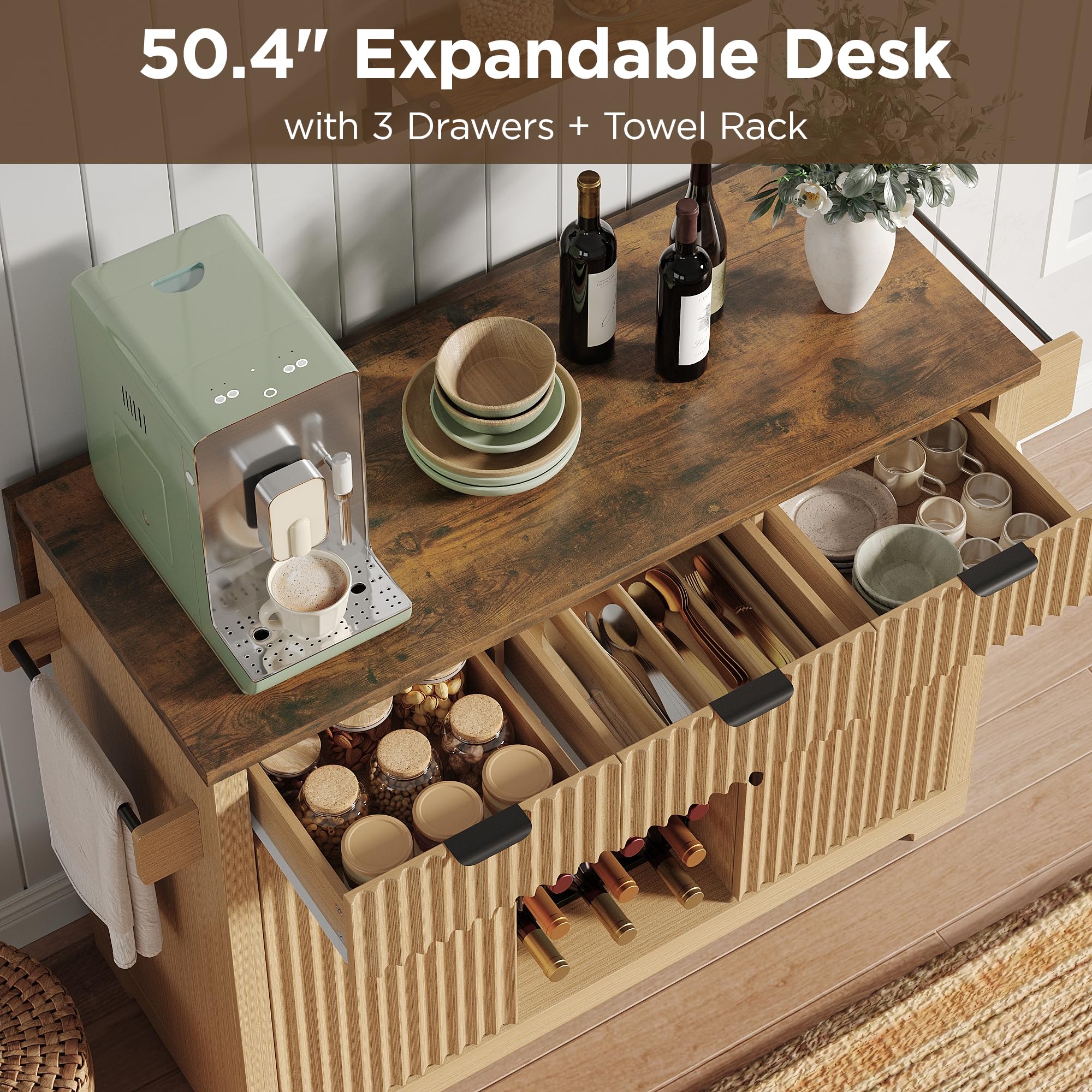 Maupvit 50" Fluted Sideboard Cabinet with Foldable Tabletop, Mobile Buffet Storage Cabinet with 2 Adjustable Cabinets, 3 Drawers, Wine & Glass Rack for Kitchen Dining Room,Natural