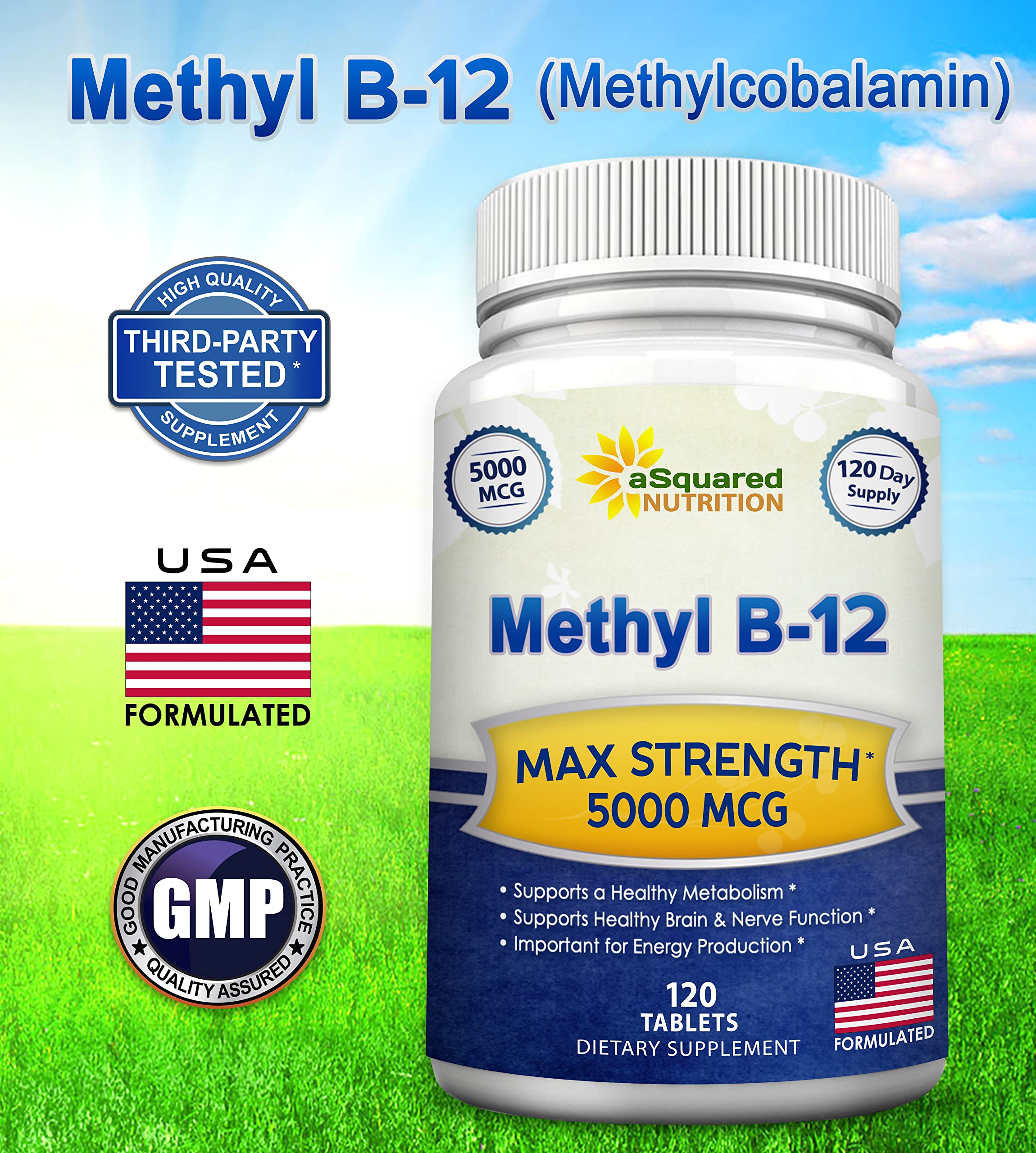 aSquared Nutrition Vitamin B12-5000 MCG Supplement with Methylcobalamin (Methyl B-12) - Max Strength Vitamin B 12 Support to Help Boost Natural Energy, Benefit Brain & Heart Function - 120 Tablets