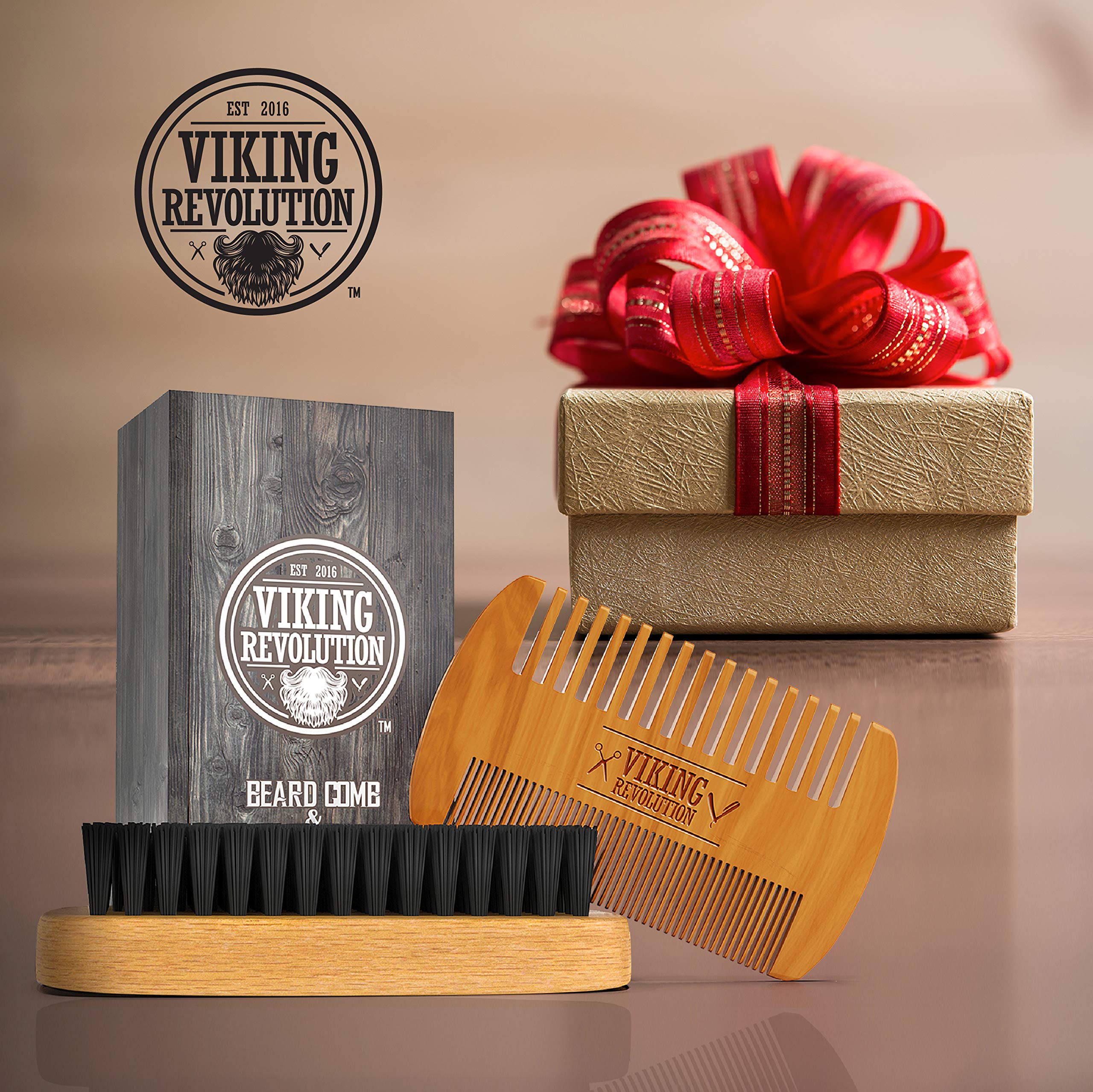 Viking Revolution Natural Boar Bristle Brush and Pear Wood Comb Set for Men - Dual Action Grooming for Beards and Mustaches with Velvet Travel Pouch