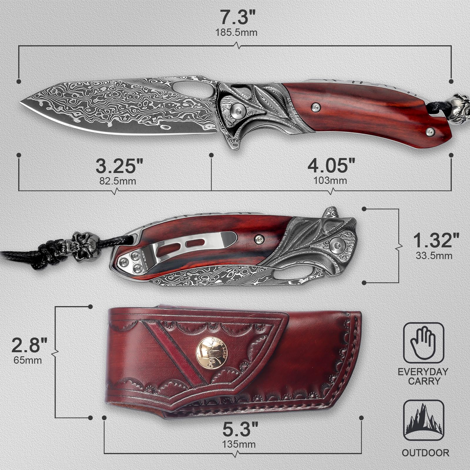 VNLA Exquisite Praxis Handmade Japan Damascus steel folding Pocket Knife, VG10 Blade Folding knife,With Handmade Leather sheath,Pocket clip.RoseWood Handle.