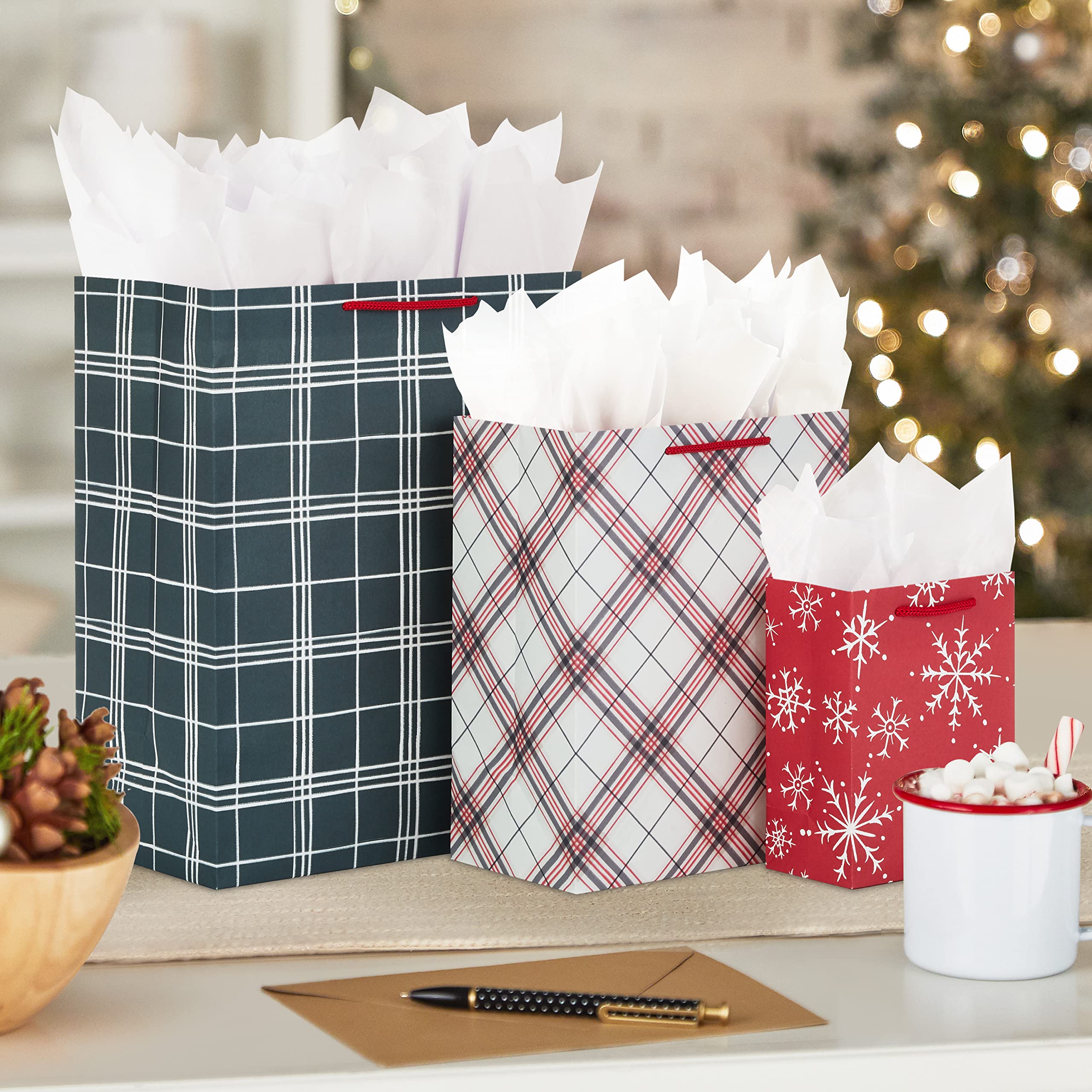 Hallmark Classic Christmas Gift Bag Assortment (8 Bags: 2 Small 5", 3 Medium 8", 3 Large 11") Red and Green, Santa Claus, Snowman, Red Truck, Plaid, Snowflakes, Merriest Christmas to You