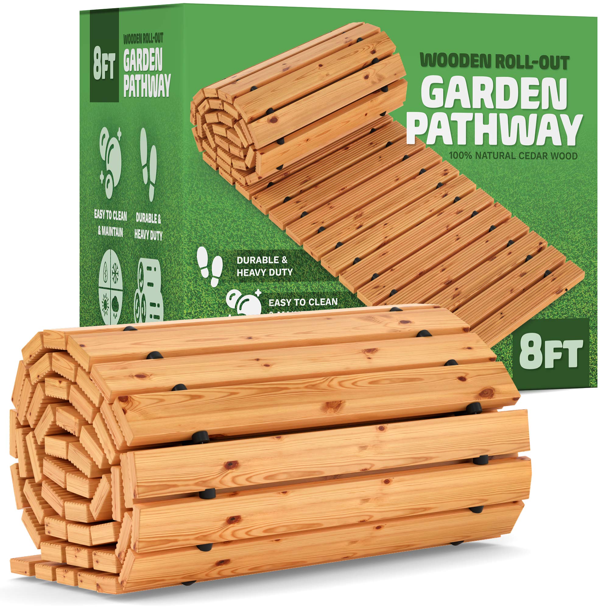 Zyppio Roll-Out Garden Pathway, 8’ Long, Straight, Weather-Resistant Walkway for Outdoor Patios, Gardens, Beach Boardwalks, and Wedding Party Events, Natural Cedar Hardwood