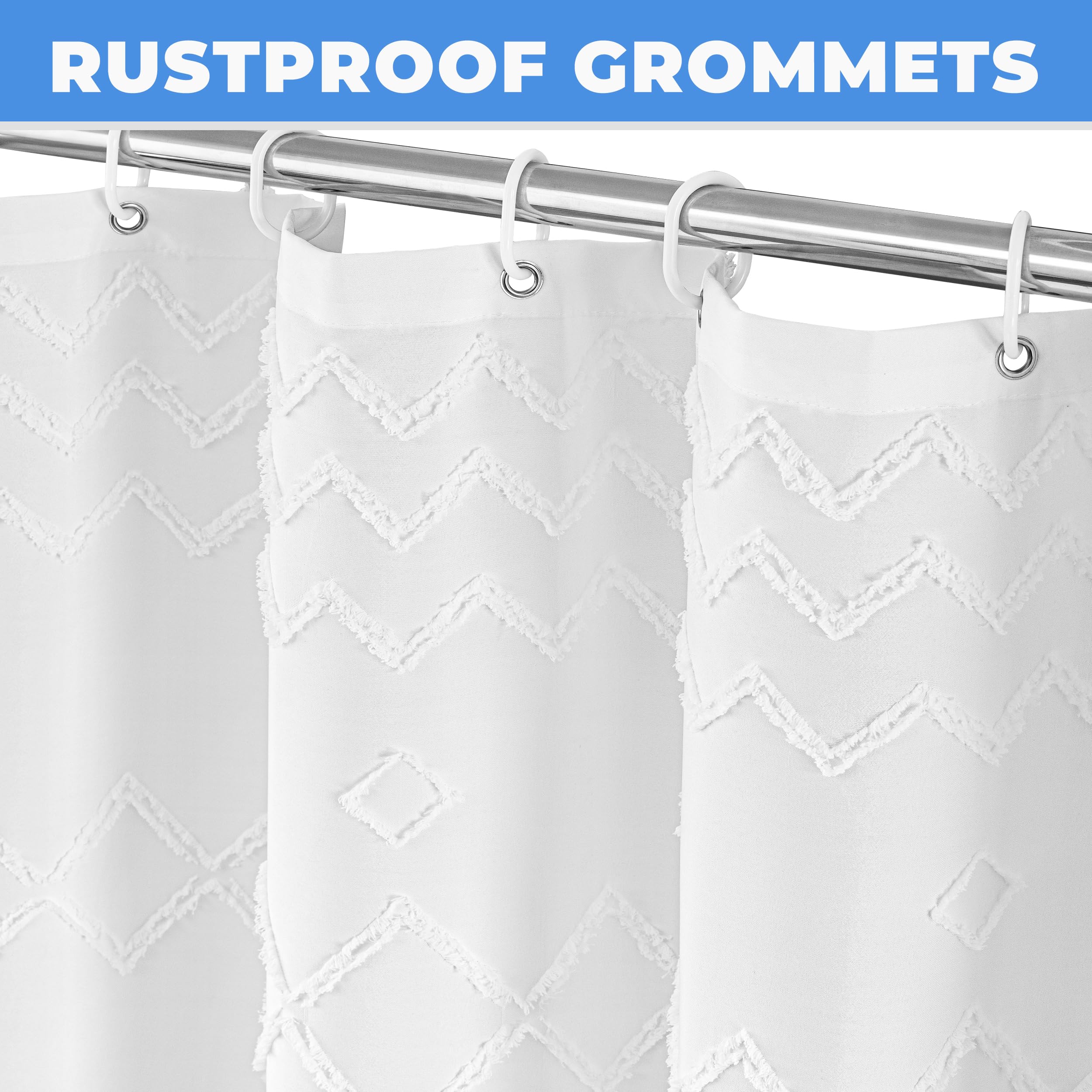 Seasonwood White Shower Curtain, Boho Woven Tufted Geometric Fabric Shower Curtain for Bathroom Modern Shabby Chic Textured Waterproof Farmhouse Cloth Shower Curtains, 72 x 72 Inches
