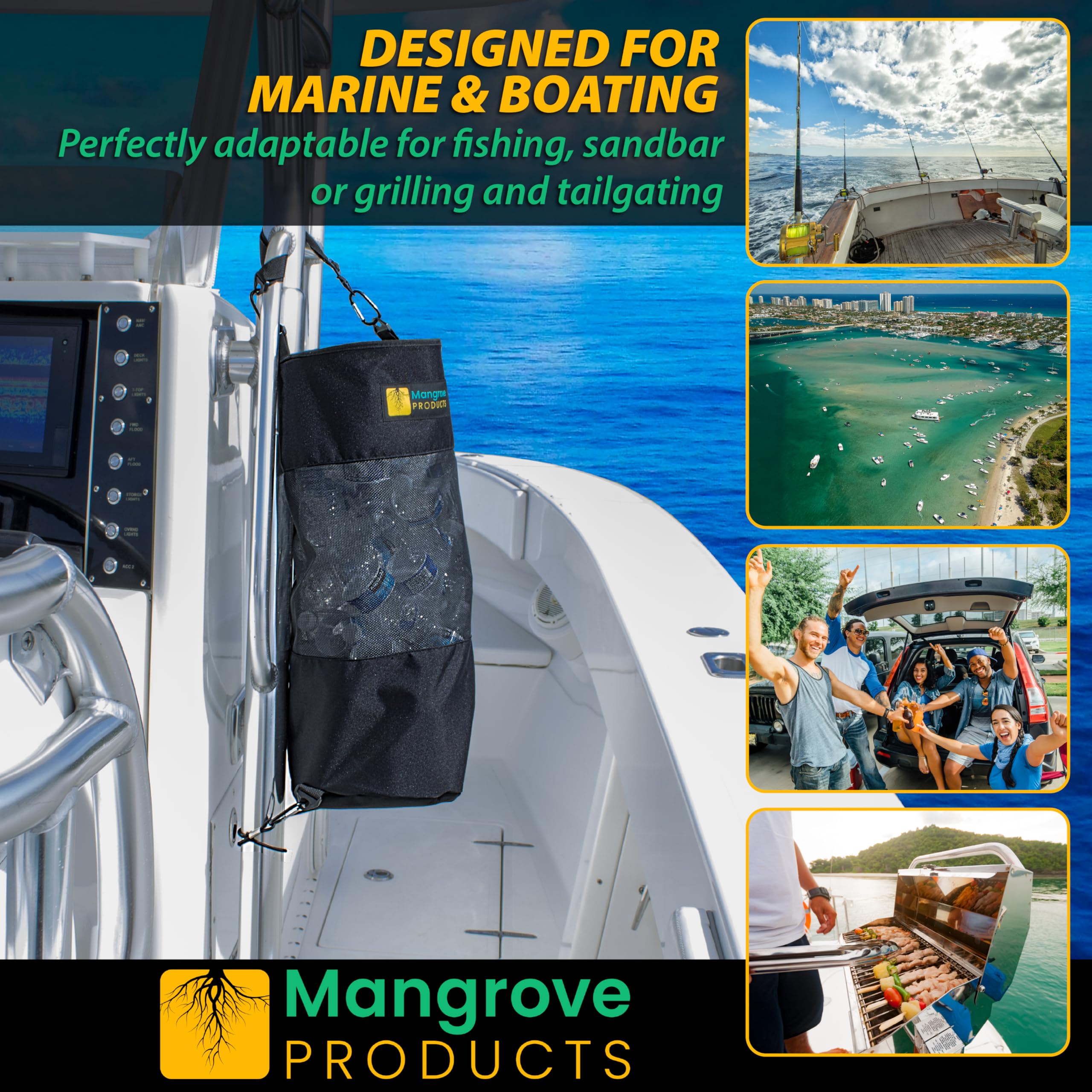 Mangrove Products: Portable Boat Trash Can, Reusable Trash Bag, Boating Equipment, Boat Storage, Boat Accessories Marine, Pontoon Boat Accessories, Fishing, Sandbar, RV, or Camping (Black)