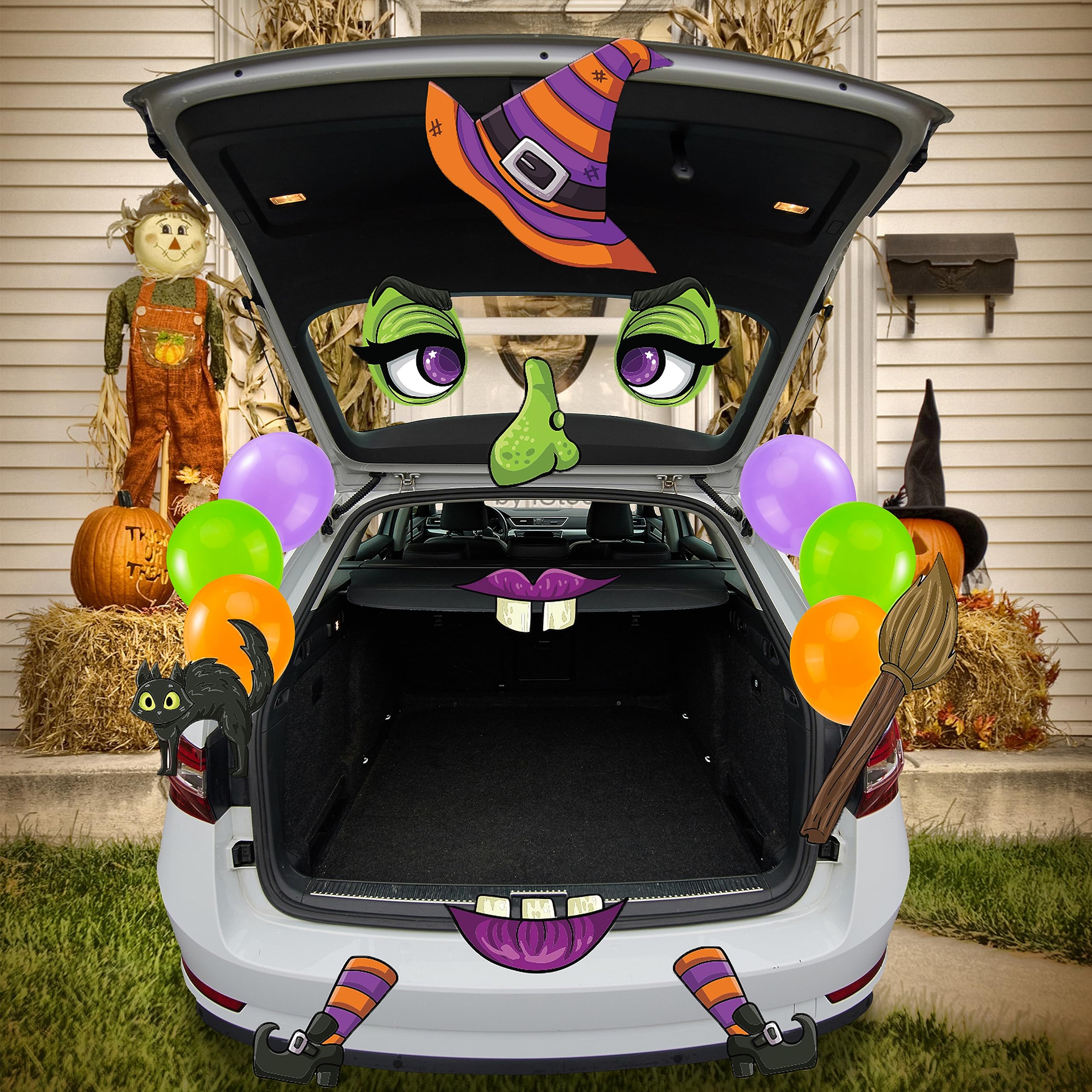 JOYIN Trunk Or Treat Car Decorations Kit Halloween Decorations Outdoor Indoor Witch Decor Car Stickers, Haunted House SUV Trunk Archway Car Garage Lawn Balloons