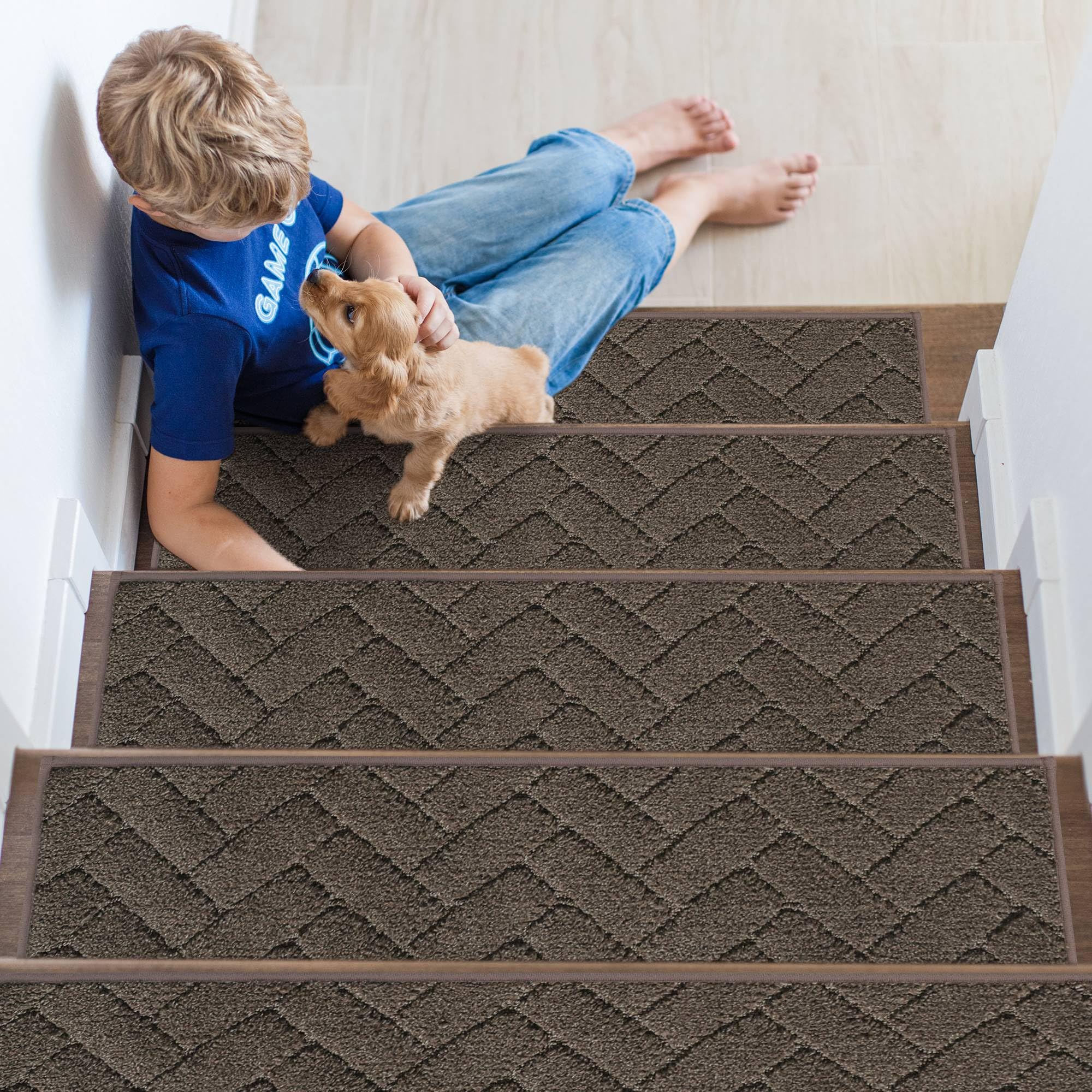 Non-Slip Stair Treads for Wooden Steps Indoor, 4 Pack 9" X 28" Edging Stair Runner with TPE Backing, 0.4" Thick Stair Rugs for Kids Elders & Pets, 100% Polyester Soft Carpet Stair Mats, Brown