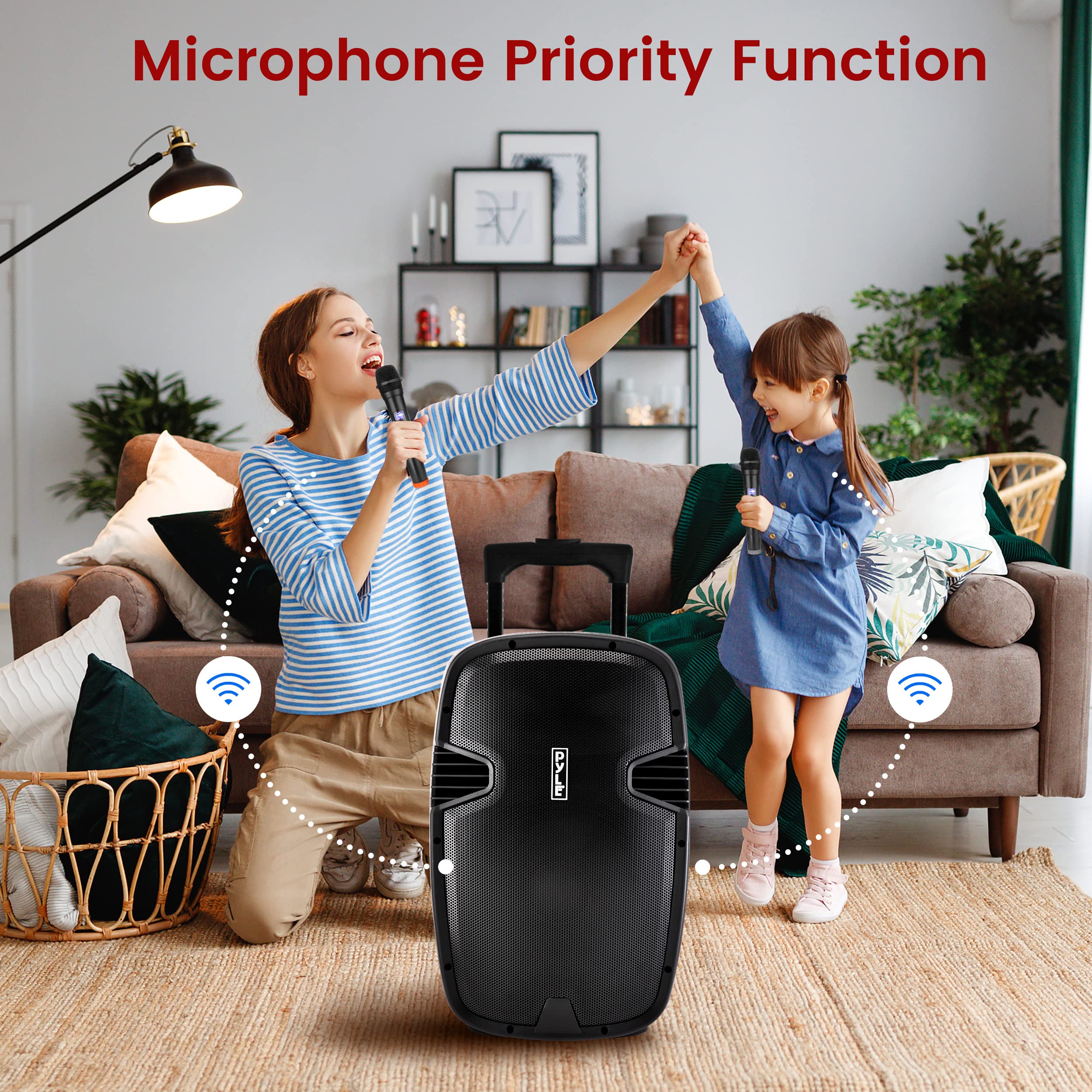 Pyle 1600 Watt, 15" Bluetooth PA Speaker-Indoor/Outdoor Portable Sound System with (2) UHF Wireless Microphones Rechargeable Battery, Audio Recording, USB/SD Readers, FM Radio (PPHP1535WMU),Black