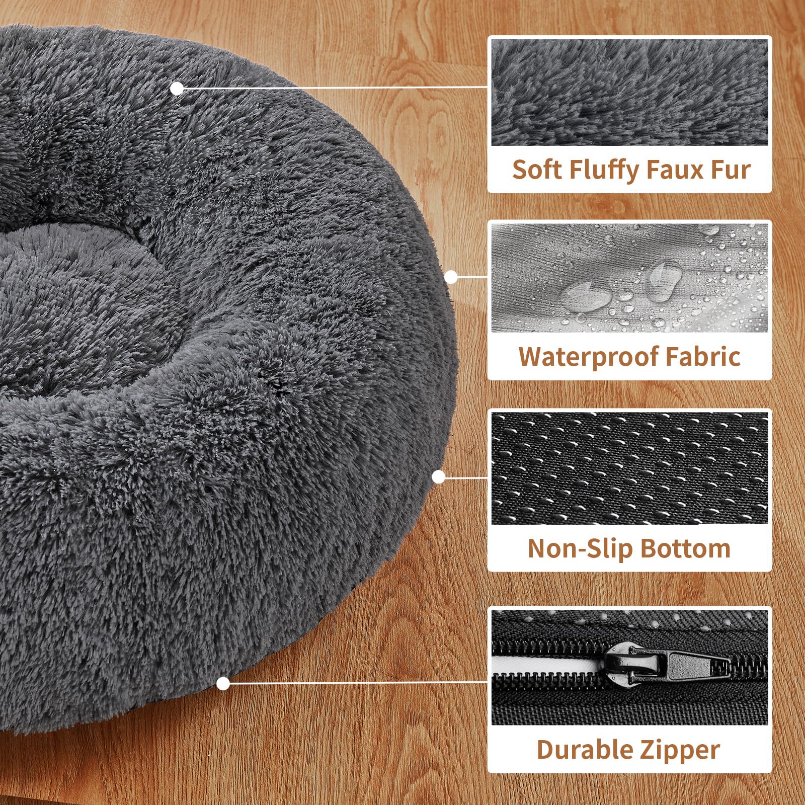 OhGeni Calming Donut Dog & Cat Bed Pillow, Washable Plush Warming Bed, Gifts for Pet Lovers, Anti-Slip Round Comfort Pet Bed, Pillow Design Fluffy Bed for Small Medium Dogs, Gray, 23 inches