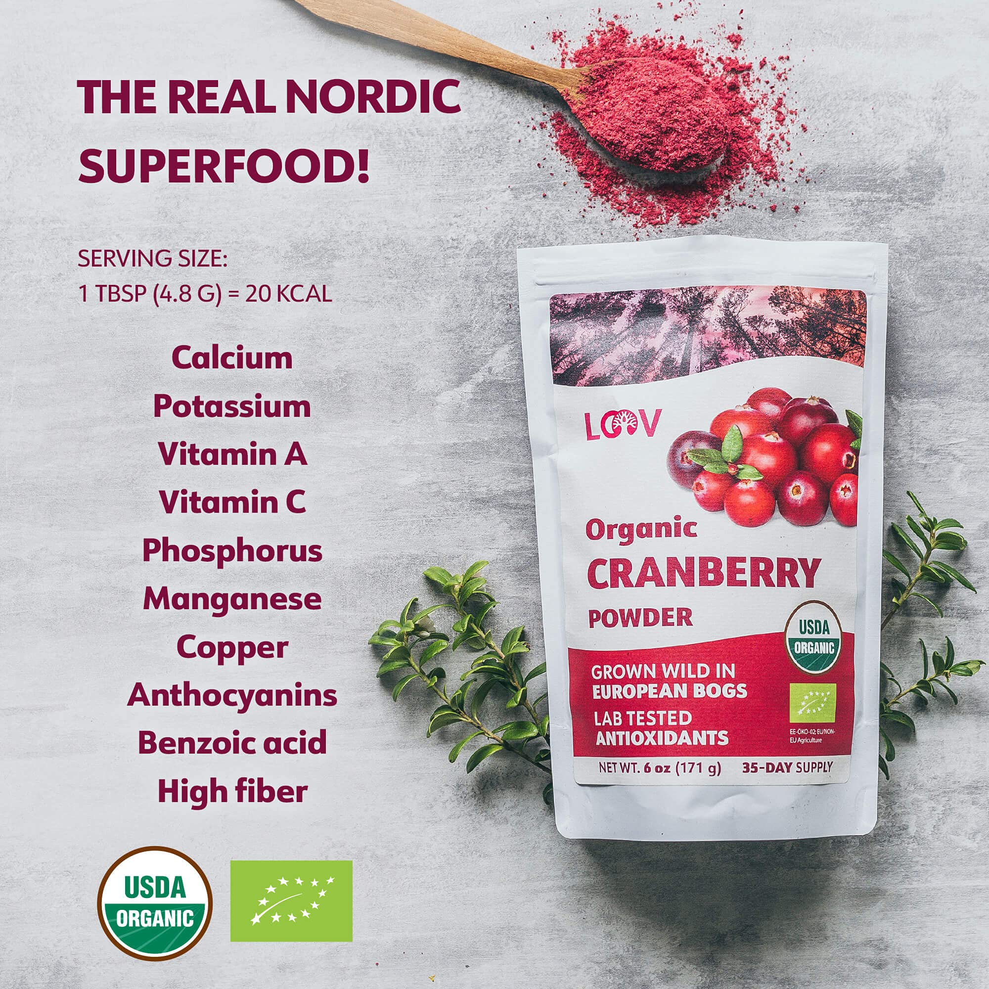 Wild Organic Freeze Dried Cranberry Powder, 6 Oz, 35-Day Supply, from Nordic Forests, No Added Sugar