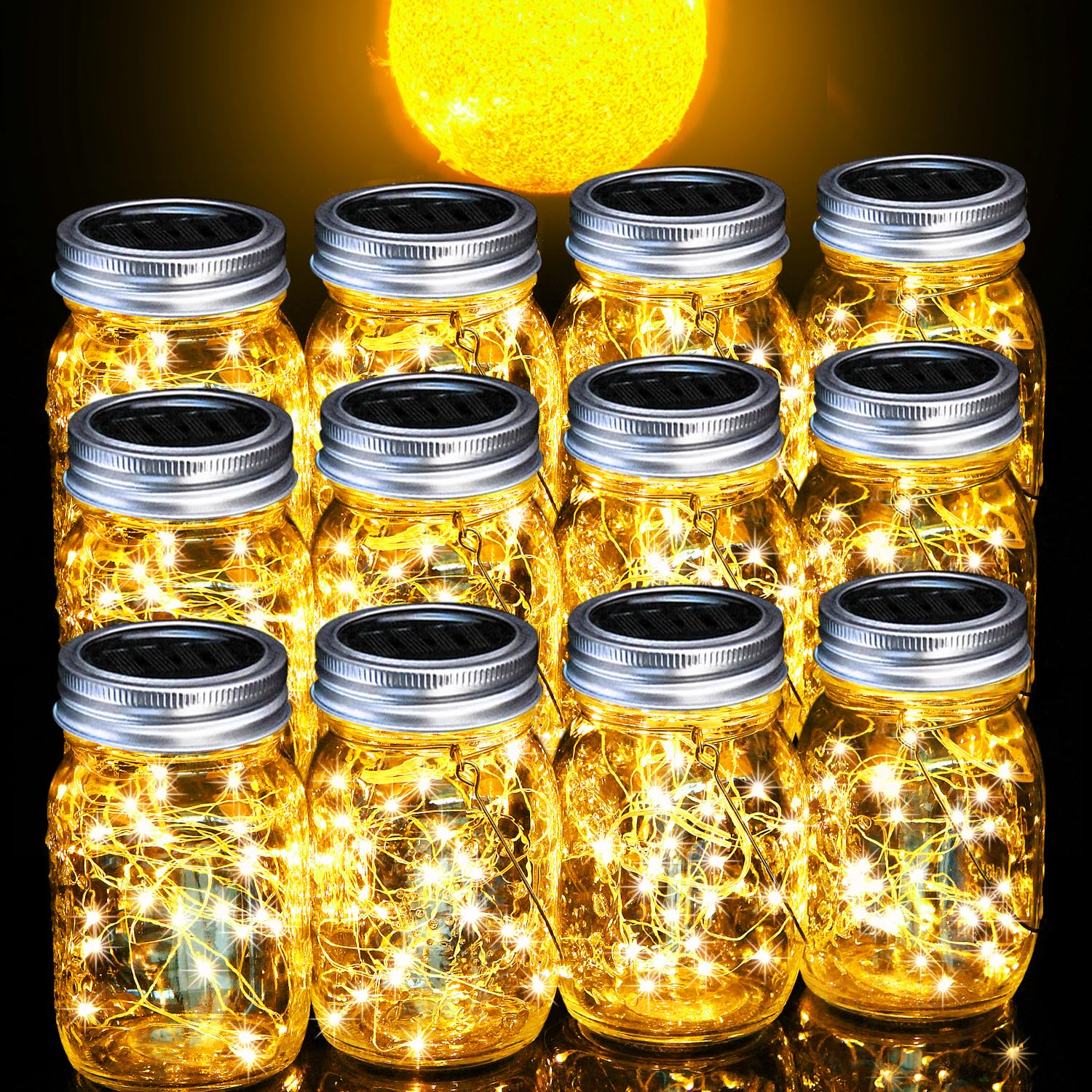 Cooo 12 Pack Crystal Glass Solar Lanterns Outdoor Waterproof 30LED Mason Jar Lights Solar Powered Garden Handmade Wall Lighting Fixtures（Just a Little More, Get Double The Delight -12 Sets Warm White）