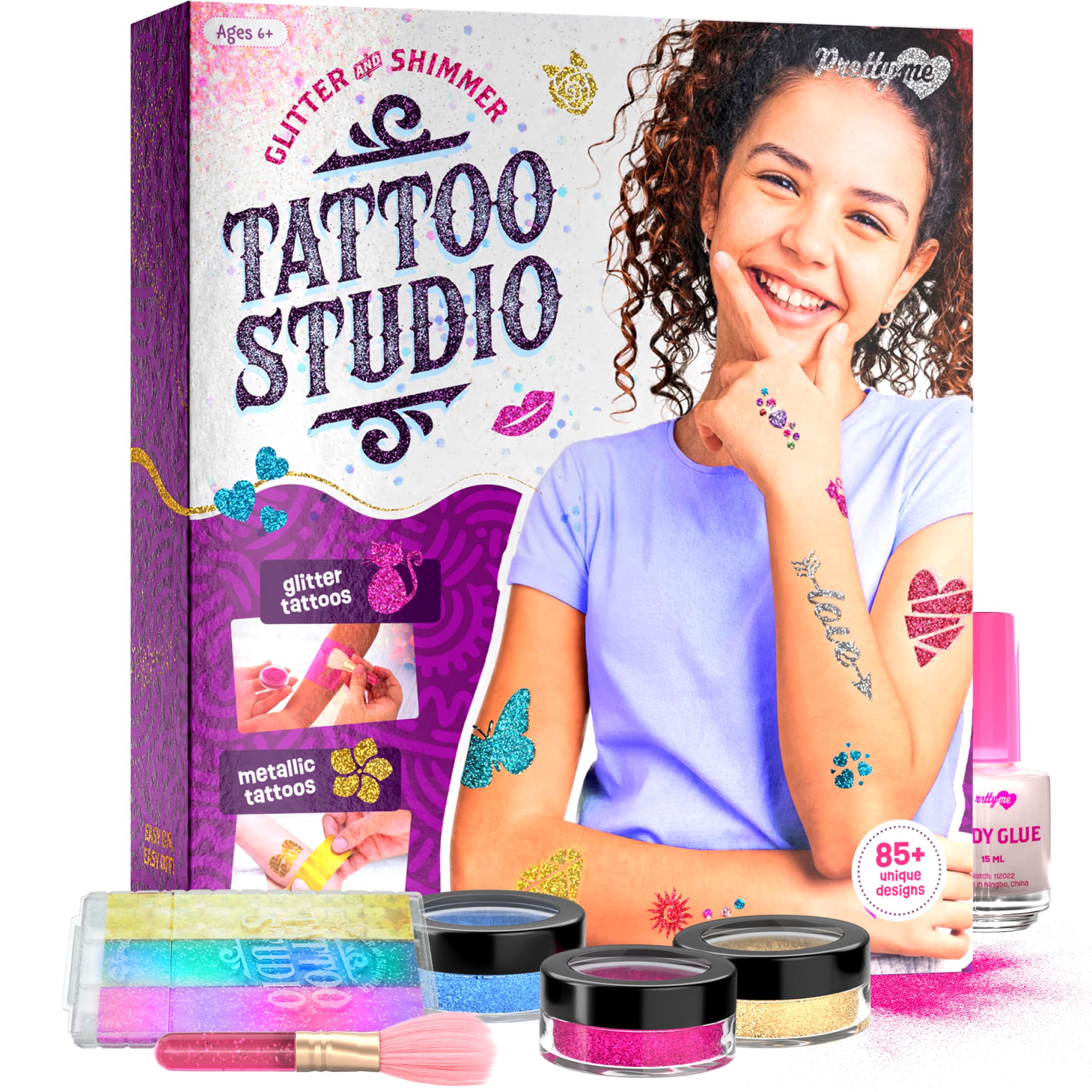 Temporary Shimmery Tattoo Studio Kit for Kids - Glitter & Metallic Fake Tattoos for Girls - Birthday Gift Ideas for Girl - Best Craft Kits Toys Stuff for Ages 6, 7, 8, 9, 10, 11 Year Old - Cool Gifts