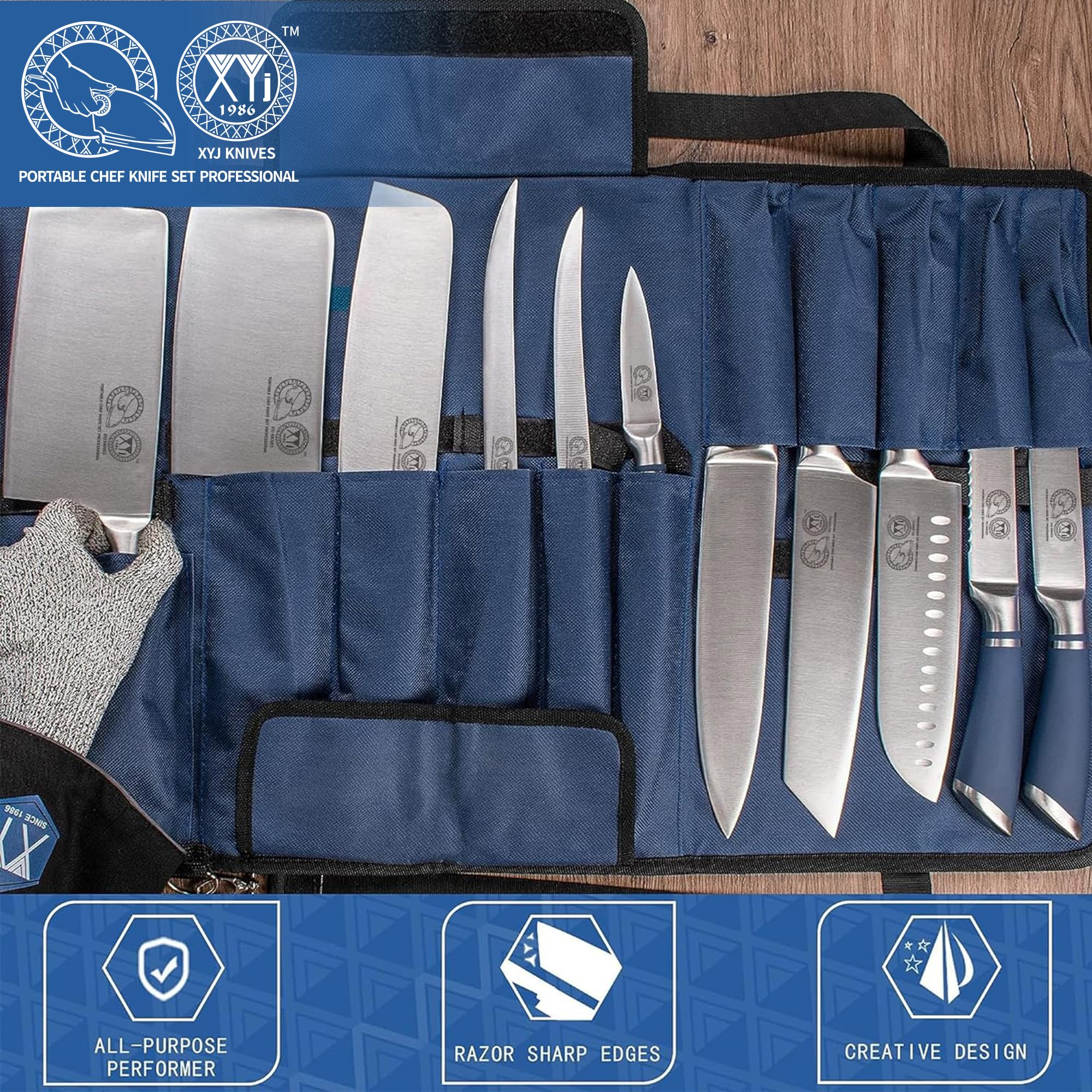 XYJ Knives,Professional Knife Sets for Master Chefs,11-pcs Chef Knife Set with Bag,Meat Cleaver Butcher for Camping