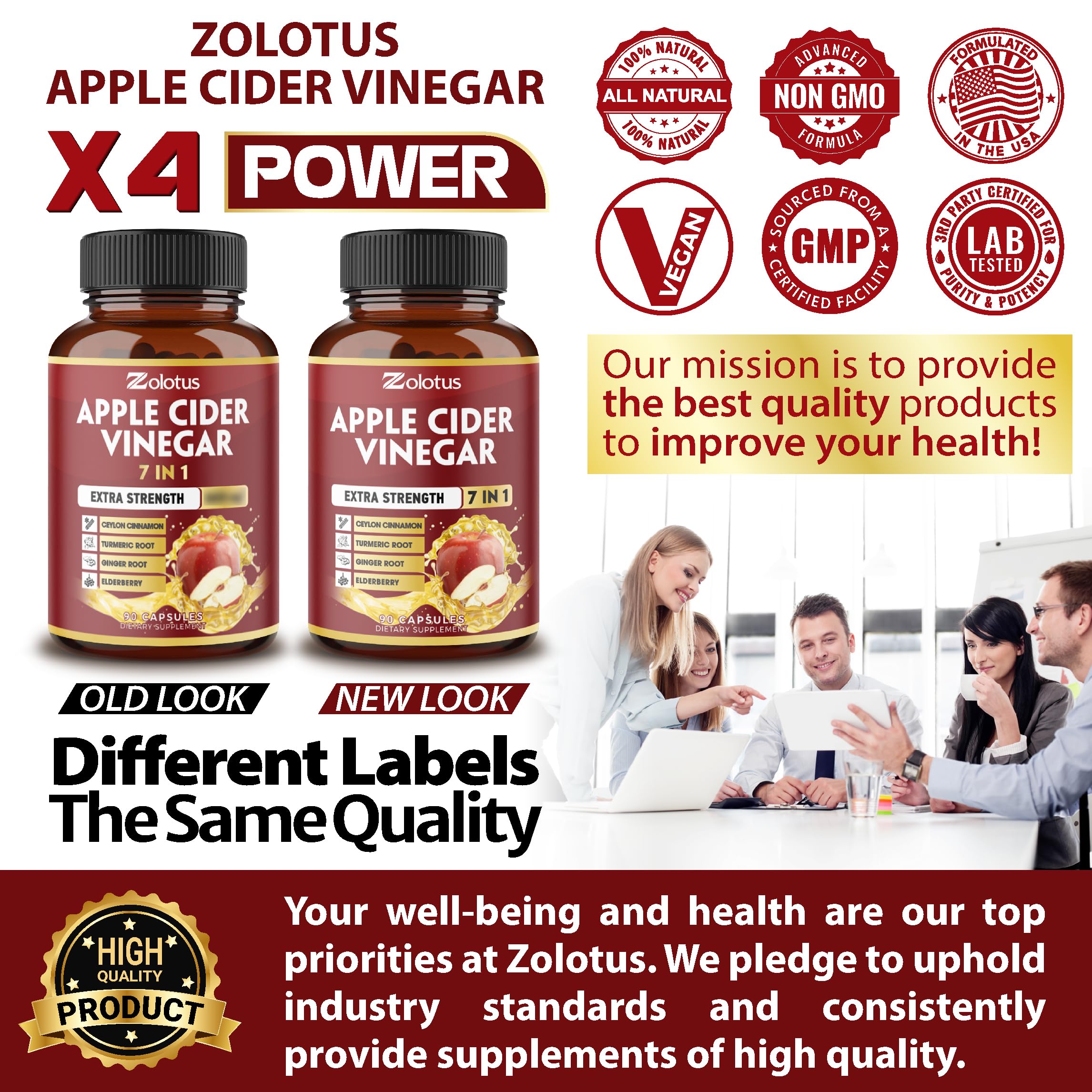 Zolotus 7 in 1 Apple Cider Vinegar Capsules, Equivalent to 3650mg, 3 Month Supply with Ceylon Cinnamon, Ginger Root, Turmeric, Elderberry, Best Supplement for Digestion, Immune