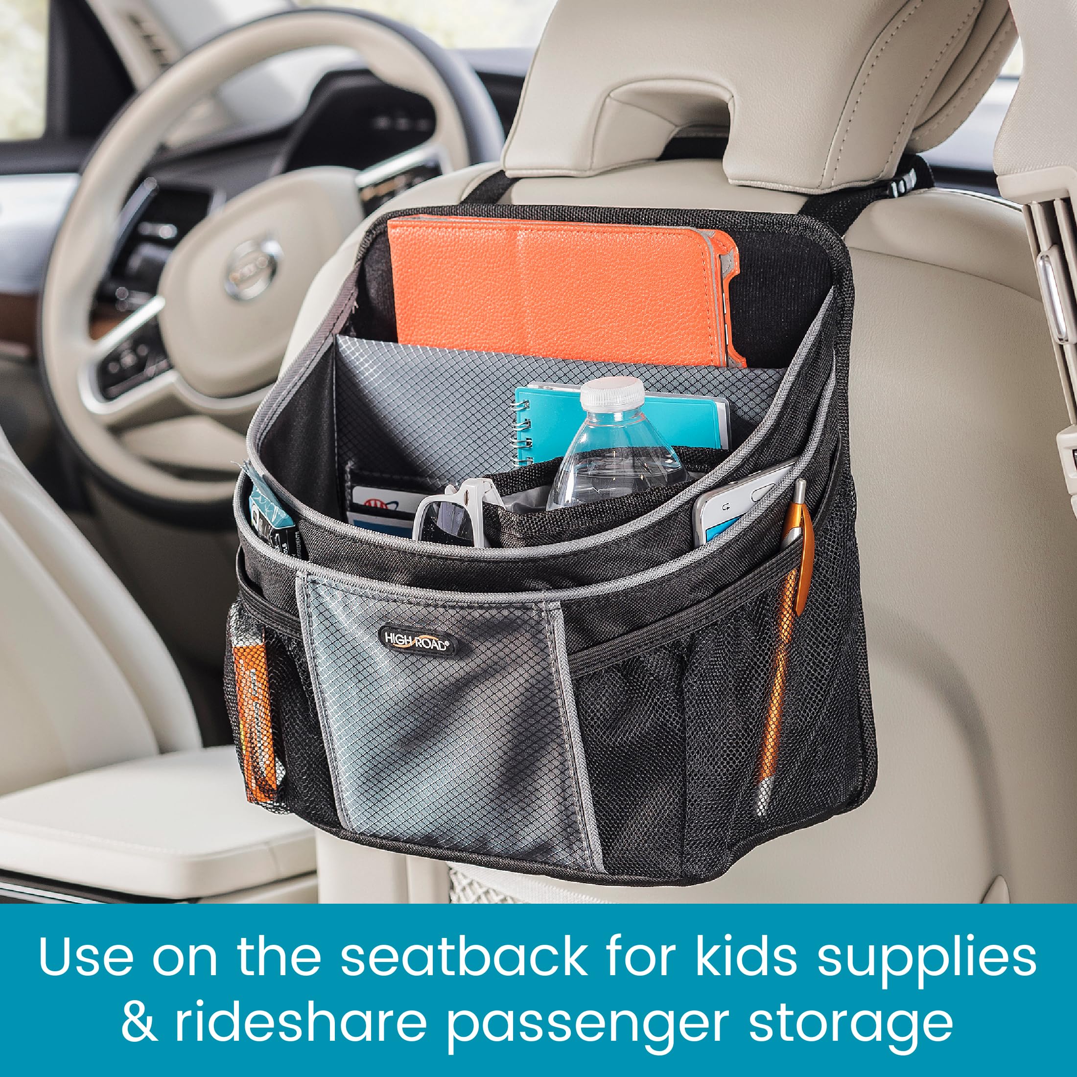 High Road DriverStash Passenger Front Seat or Car Seatback Organizer with Insulated Cup Holder and 10 Multipurpose Pockets for SUVs, Cars, Trucks and Vans