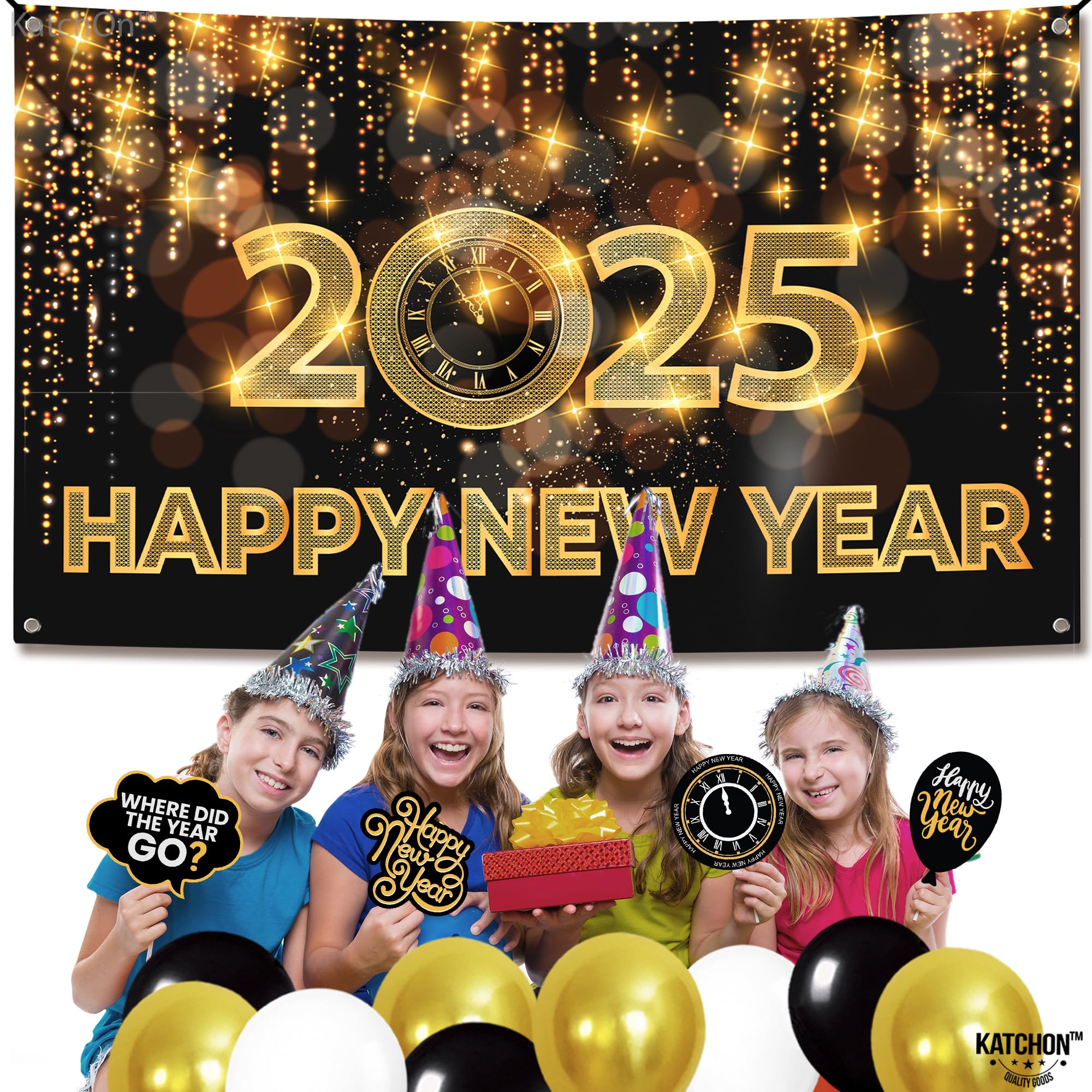 KatchOn, Happy New Year Banner 2025 - Huge 72x44 Inch | New Years Backdrop 2025, Happy New Year Decorations 2025 | New Years Eve Backdrop, New Years Eve Party Supplies 2025 | New Years Eve Decorations