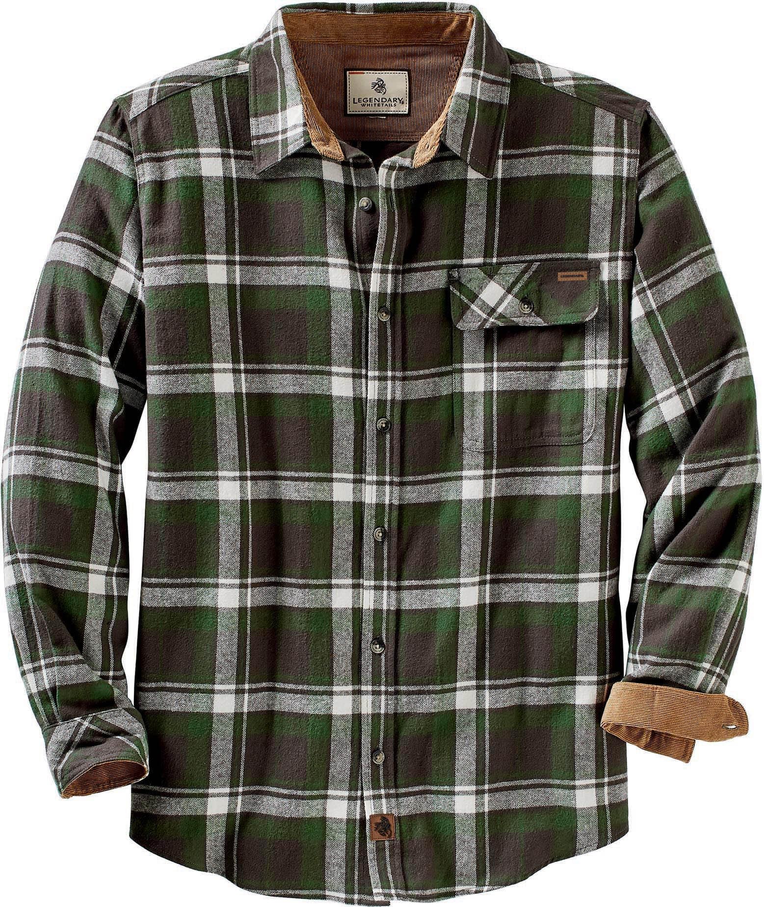 Legendary Whitetails Men's Standard Buck Camp Flannel, Long Sleeve Plaid Button Down Casual Shirt, Corduroy Cuffs, Mountain Charcoal, Large
