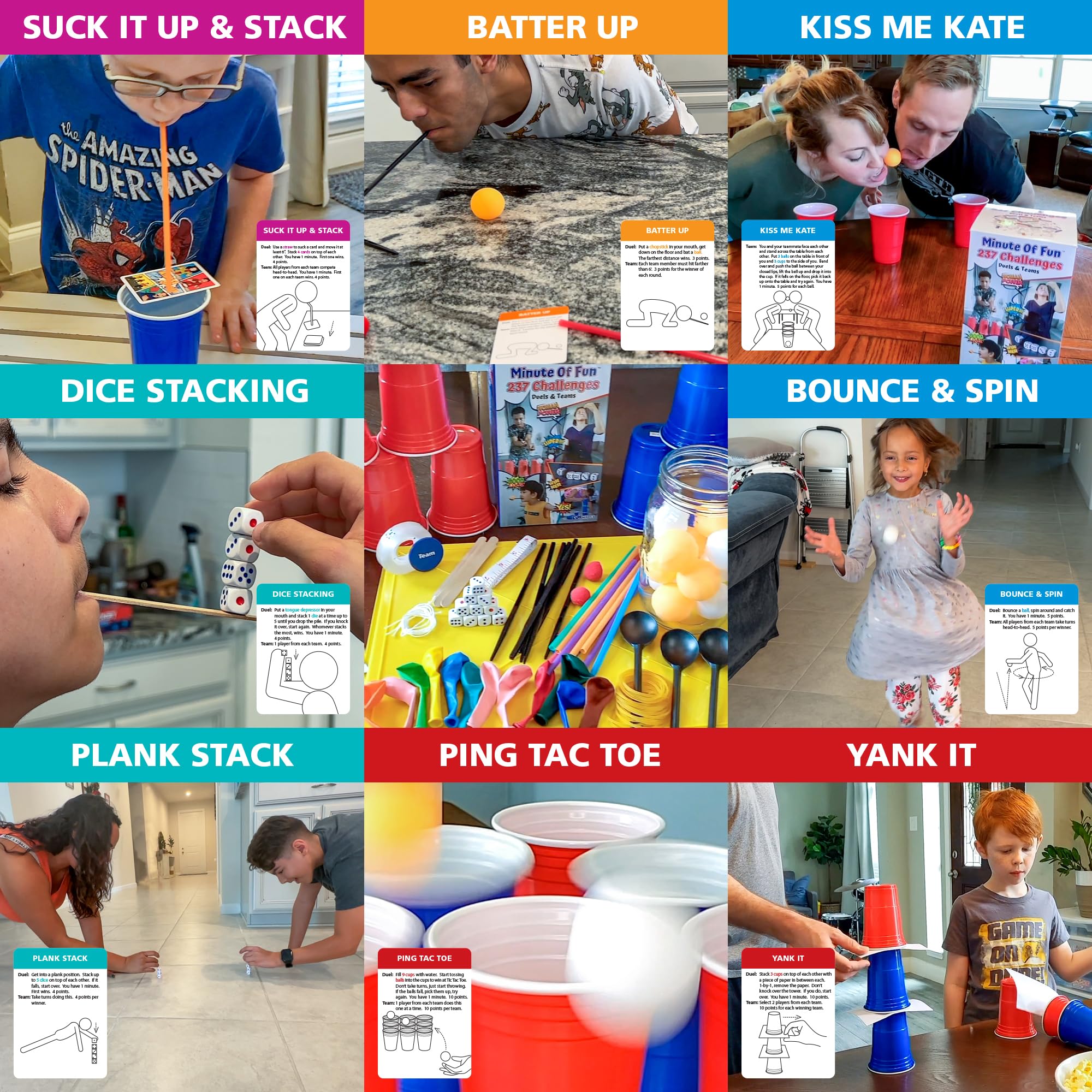 Funwares Minute of Fun Game - Minute to Win It Games for Kids, Adults, Teens, Families, Game Night, Gift for Home, Birthdays, or Travel. 2-12 Players! Original Edition, 237 Challenges