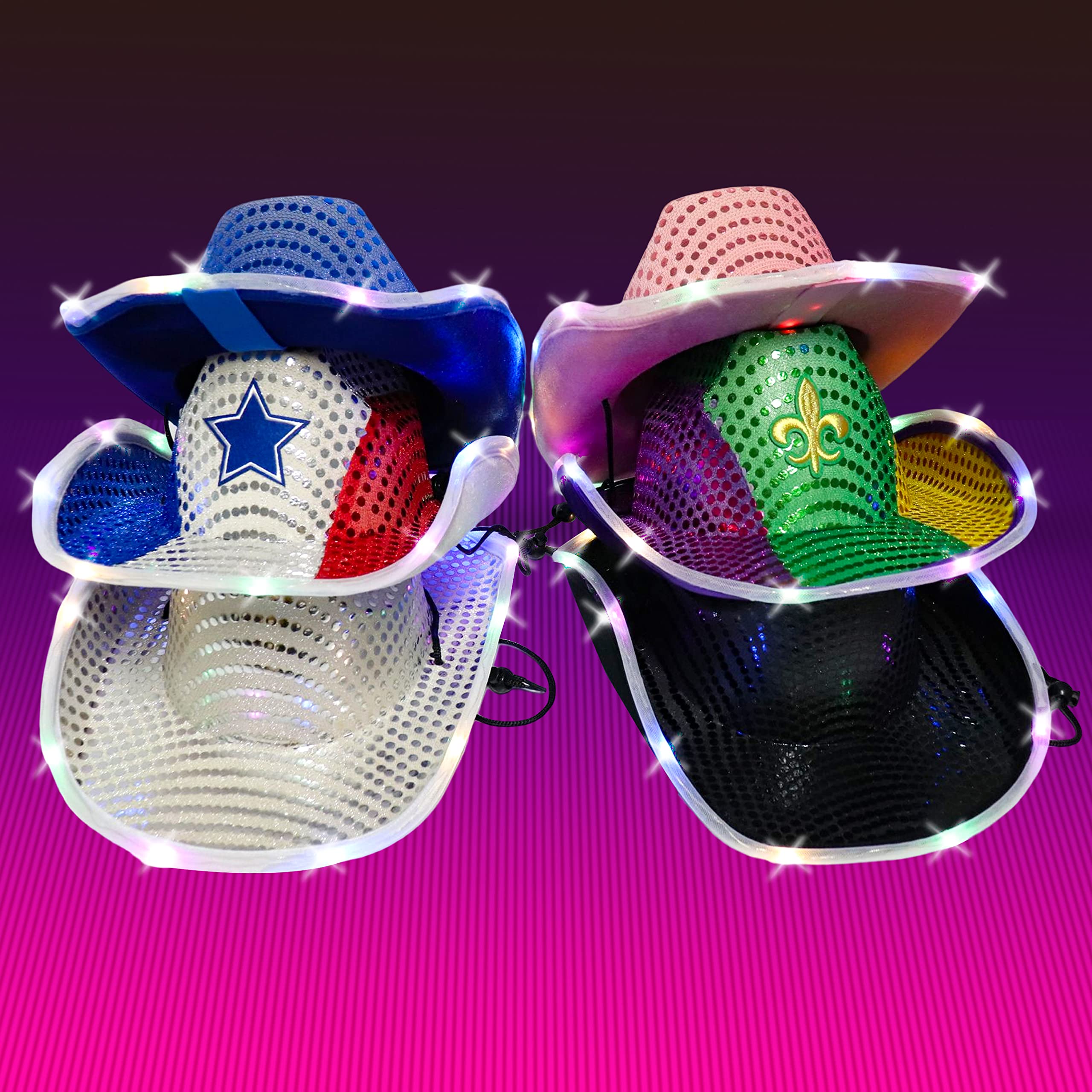 GiftExpress Adult LED Light-Up Sequin Cowboy Hat, Mardi Gras Costume Accessory, Shiny Purple, Green and Gold Colors