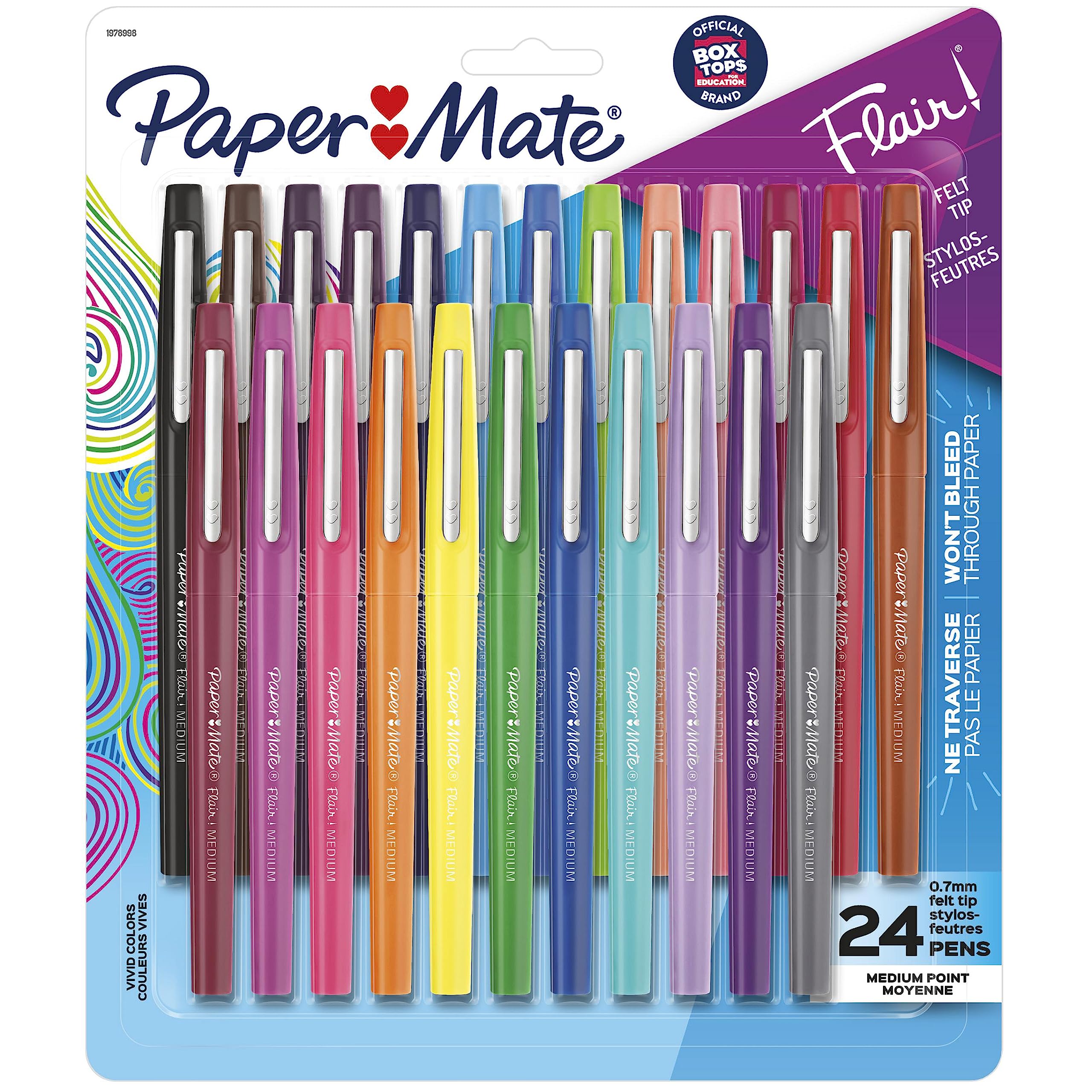 Paper Mate Felt Tip Pens Flair Marker Pens, Medium Point, Assorted, 24 Count