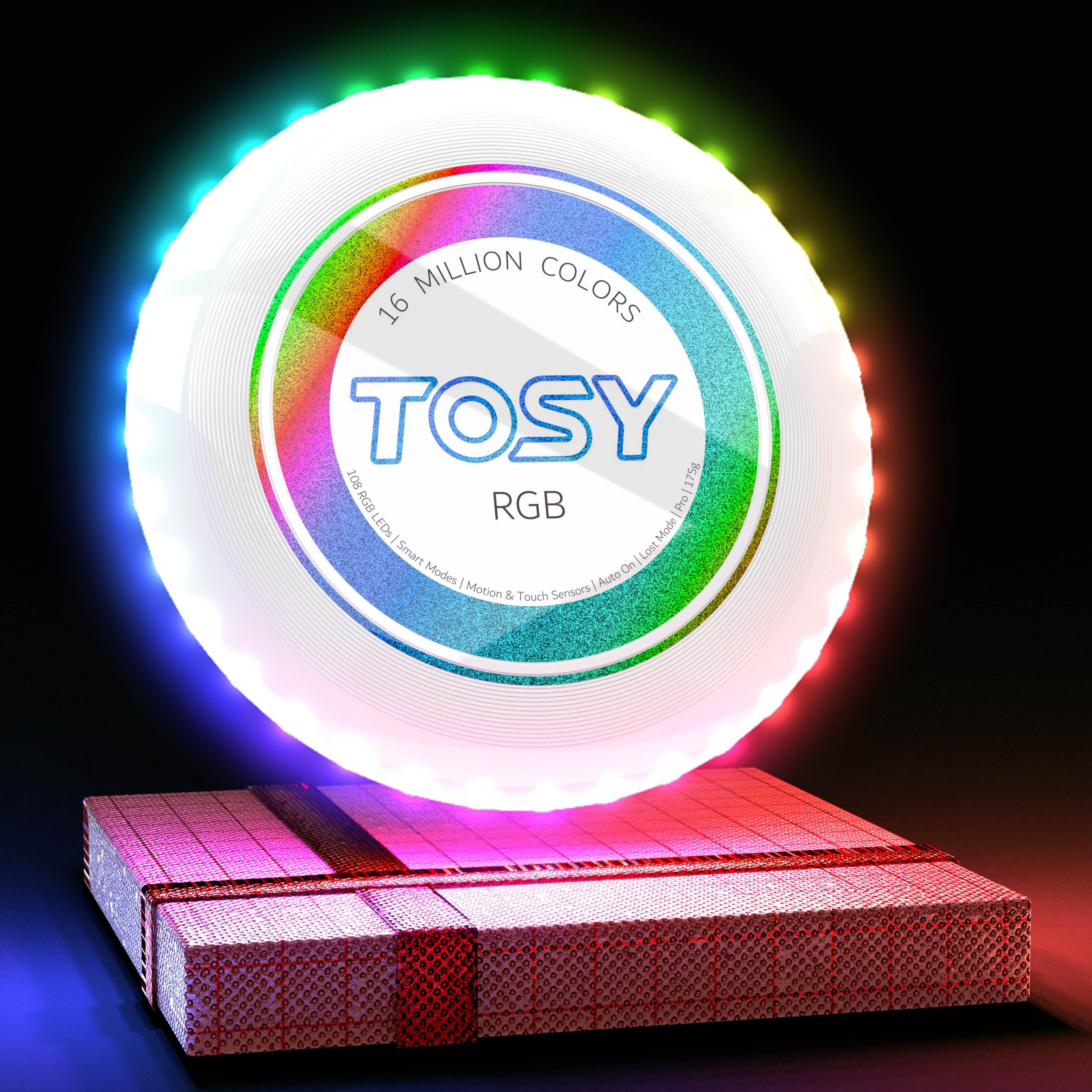 TOSY Flying Disc - 16 Million Color RGB or 36 or 360 LEDs, Extremely Bright, Smart Modes, Auto Light Up, Rechargeable, Perfect Birthday & Camping Gift for Men/Boys/Teens/Kids, 175g frisbees