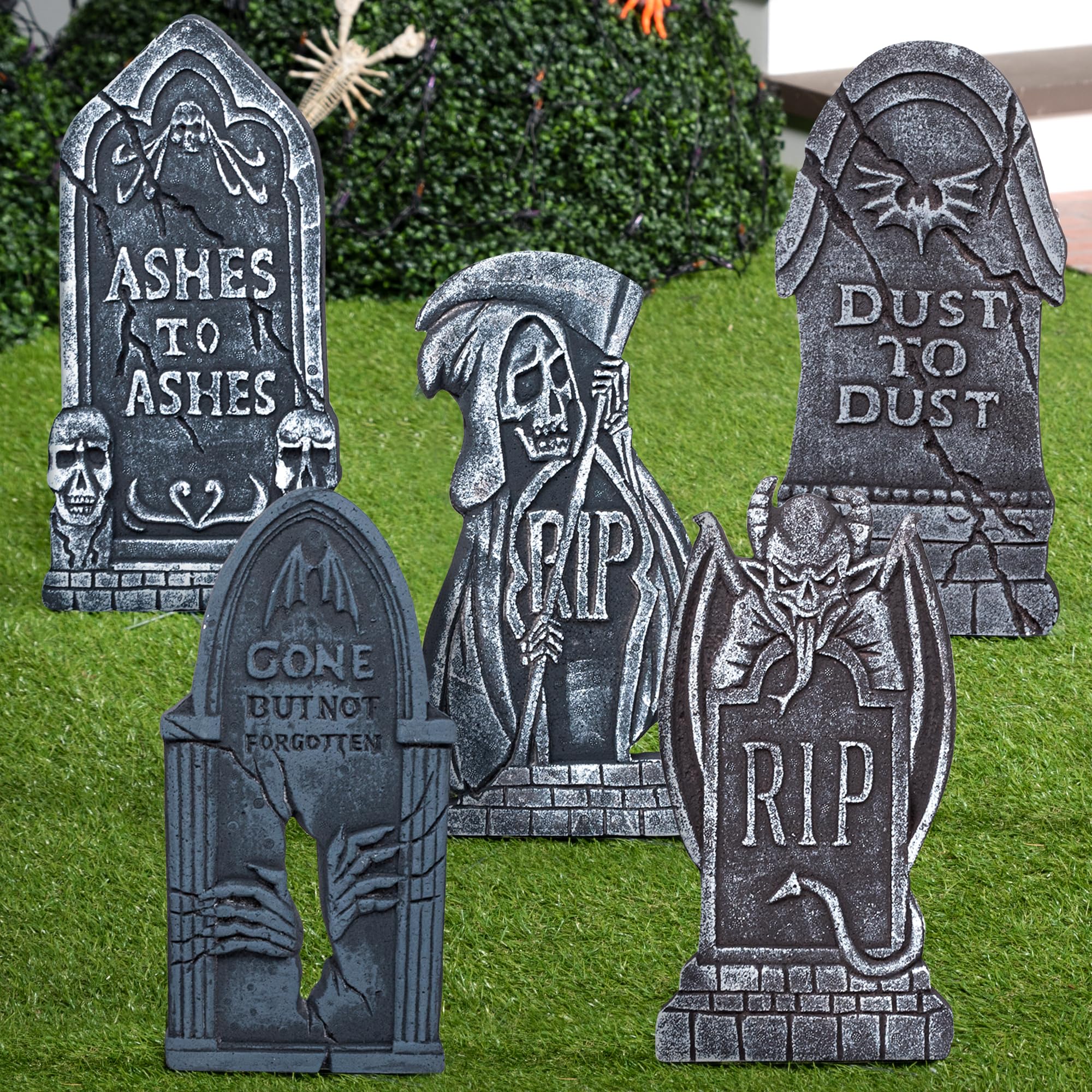 JOYIN 17” Halloween Tombstones for Graves Halloween Decorations Outdoor (5 Pack), Foam RIP Graveyard Headstone Decorations and 10 Bonus Metal Stakes for Halloween Yard Lawn Decorations