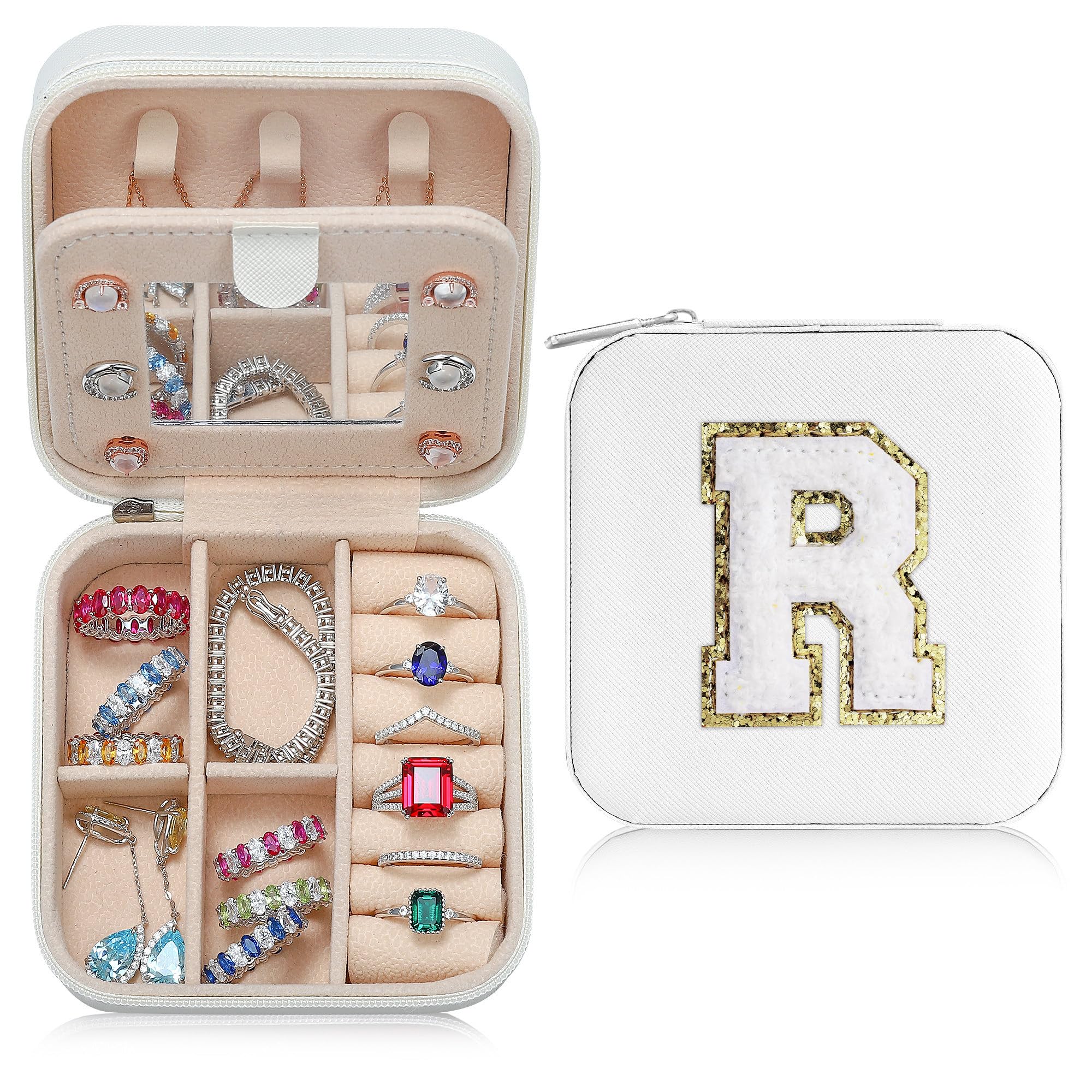 Parima Small Jewelry Box for Girls, Travel Initial Jewelry Box for Girls | Small Jewelry Organizer Box | Travel Jewelry Case Jewelry Box Organizer | Mini Travel Jewelry Box-Initial R-White