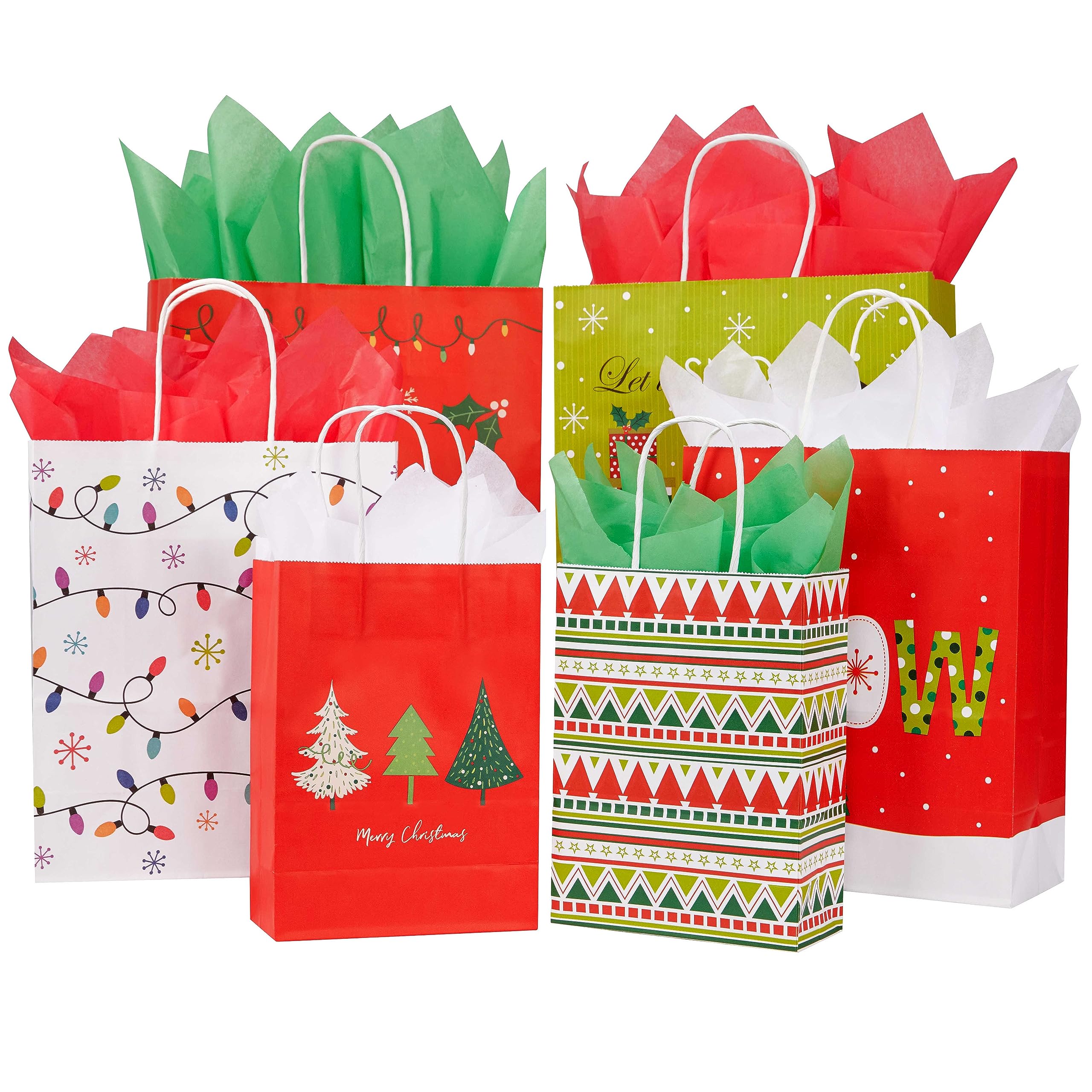 SUNCOLOR Pack of 24 Christmas Gift Bags Assorted Sizes With Tissue paper (8 Large 13", 8 Medium 11", 8 Small 9")